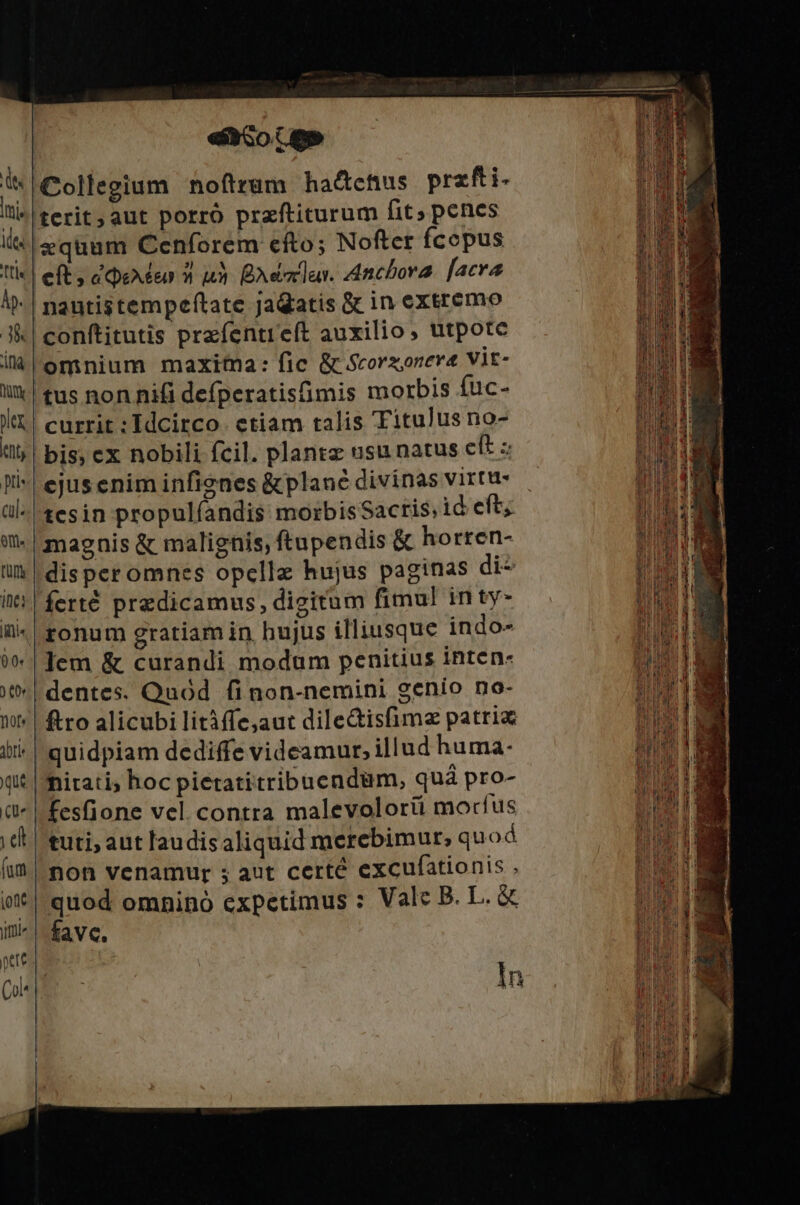 eacoce» [Collegium noftrum ha&amp;etus przfti- l^ terit;aut porro przftiturum fit» penes 1 ise quam Cenforem cfto; Nofter Ícopus PA tti« | eft, cede 9 uà DA las. AAncbora facra | A | nautistempeftate jaQatis &amp; in extremo J| conftitutis przfentreft auxilio, utpote i| omnium maxitma: fic &amp; Scorzonera Vit- i | tus non nifi defperatisüimis morbis fuc- lt! currit : Idcirco. etiam talis 'Fitulus no- tn bis, ex nobili fcil. plantz usu natus eft z pi*| ejuseniminfienes &amp;plané divinas virtus | ül-! tesin propulíandis morbis Sacris, id eft; 1b: * | magnis &amp; malignis, ftapendis &amp; horren- UM lis disper omnes opcllz hujus paginas di- Won it! ferté predicamus, digitum fimul inty- AME Wl-| ronum gratiam in, hujus illiusque indo- RE )*| Tem &amp; curandi modum penitius inten- T 0^ dentes. Quód fi non-nemini genio no- Hd | ftro alicubi litàffe;aut dile&amp;isfimz patri ulta ii^ | quidpiam dediffe videamur, illud huma- efie qit irati; hoc pietatitribuendum, quá pro- Eu d* | fesfione vel. contra malevolorii moríus qe di dt | tuti; aut laudisaliquid merebimur, quod n hi | non venamur 5 aut certé excufationis . HE ott | quod omninó cxpctimus : Valc B. L. &amp; AT in^ fave, T pem c -—1 ^ In