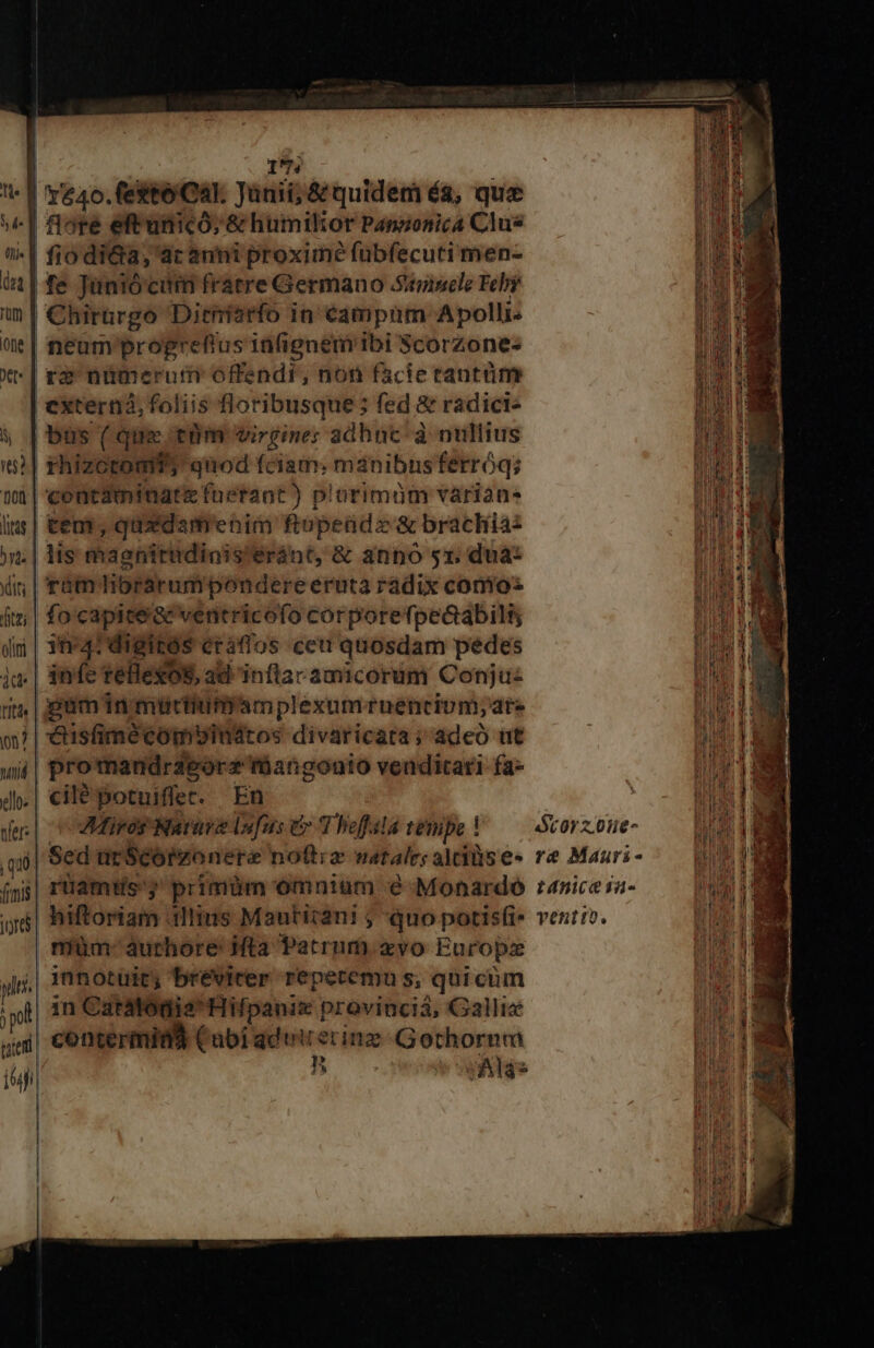 I' veo. fitteOU. Jünii;&amp; quidem és, que [ flore eftuticó; &amp; humiltor Panzonica Clu* | fio di&amp;a, ac anii proxime fübfecuti men- on| fe Junio cim fratre Germano .Sinisele Felry num | Chirargo Dithisrfo in campum Apolli: t | neum progrefius iüignem ibi Scorzone- x-| re nümerutrmi offendi, non facie trantüm extern, foliis floribusque; fed &amp; radici- s | bus ( quac enm virgine: adhnc'à nullius (5| zhizctomty quod fciam; manibnsferróq; 100 | contaminate fuerant) plorimüm variane lis | tem; quedamebim ftopeüdz &amp; brachia: n. | lis magnitedinis'éránt, &amp; anno 5r. dua: di | rám Tibrarumpondere erutà radix conto: ft; | focapiteae ventricofo corporefpe&amp;abilis uim | 31*42 digitos eráaffos ceu quosdam pedes ja. | itvfe telexos, ad inflar amicorum Conju: dt | pm in müciiumamplexumruentium;ate o? | &amp;tisfimécomboindtos divaricata; adeo ut wii| Pro mandraeorz rüangonto venditari fa- do. | cilépotuiflec. En e| Miror Nature Dnfus &amp; Thefala tenipe : SU 0r z otie- qu Sed ürScorzonera notitia natale: altises re Mauri - (ns| rüamtis; primüm omntaüm e Monardo raniceia- | hiftoriam tllius Mautitani ; quo potis(i« ventiv. müm-aurhore ifta Patrum. zvo Europz yl innotuit; breviter reperemn s; quicum jpol in CatModia* Hifpanix provinciá, Gallix tate contermidà (ubi qduiterine Gothornm ih ; vAlas n. | | [2 |