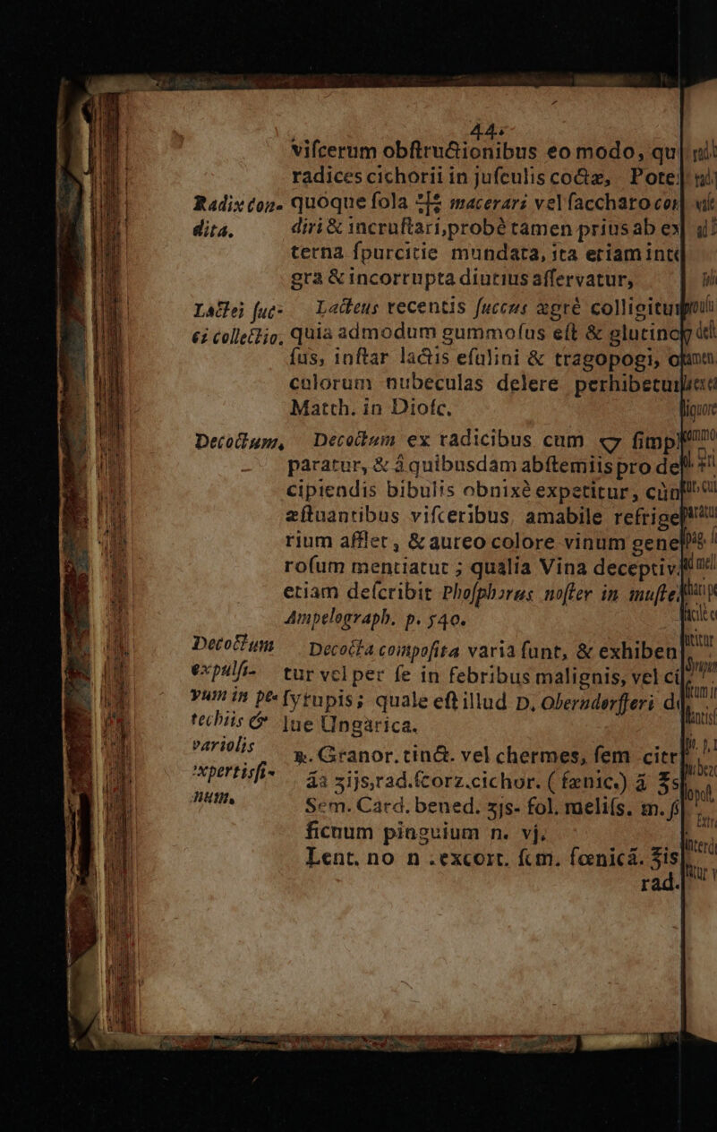 » 4. vifcerum obfiru&amp;renibus eo modo, qu radices cichorii in jufculis coz, | Pote: Radix coz. quoque fola *I2 macerari vel faccharo cor dita. diri&amp; 1ncruftari,probé tamen prius ab ex terna fpurcitie mundata, ita eriam int gra &amp; incorrupta diutius affervatur, Ladei [ues — Lacfeus recentis fuccus agre colligitum 6i colle£;o, Quia admodum gummofus e(t &amp; glucincjg dd fus, inftar lactis efaülini &amp; tragopogi, o| colorum nubeculas delere perhibetuiiee Matth. in Diofc. | Detoup, — Decoibum ex radicibus cum «7 fimpy/ paratur, &amp; à quibusdam abftemiis pro de du cipiendis bibulis obnixe expetitur, cipi» zítnantibus vifceribus, amabile refrige rium affler, &amp;aureo colore vinum gene rofum mentiatut ; qualia Vina deceptiv t? etiam deícribit Phofphores nofler in mufle Ampelegraph. p. y40. 2d Deto£um — Decotfa compofita varia funt, &amp; exhiben expulfi- tur vcl per fe in febribus malignis, vel cí yum in p [ytupis; quale eft illud D, Oberaderfferi dq tecbiis &amp; .|ne Üngarica. ariolis x. Granor.tin&amp;. vel chermes, fem citr] xpertisfi- — a. 5ijs,rad.fcorz.cichor. ( fenic)) à Ss| NA Sem. Card. bened. 3js- fol. meli(s. m. fi ficnum piaguium n. vj. E. Lent. no n .excoir. fcm. foenicá. Sis. rad. Jupe ftum