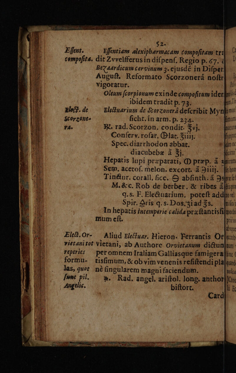 $2. Effent. Effentiam alexipbarmacam compofitam tr: cempofita. dit Zvvelfferusin difpenf, Regio p. 47. Bevaardicum cervinum 3. ejusde in Difper Auguft. Reformato Scorzonerá noftr| vigoratur. Oltum [corpionum exinde compofitum idet. | ibidem tradit p. 73. Rlej.de —— Ehduarium de Sorzonerá defcribit Mynpino $C0rz0nt^ ficht. in arm. p. 24. | f4 X. rad.Scorzon. condit. vj. | Conferv. rofat, (Dlar. Ziiij. Spec. diarrhodon abbat. K diacubebe à 3j. m EB Hepatis lupi przparati, (D prep. á zj &amp; jd | Sem, acecof. melon. excort. à Diiij. |i E Tinéur. corall, icc. &amp; abfinth. &amp; Spice Nd M.&amp;c. Rob de berber. &amp; ribes à fip: n q.s. F. Ele&amp;narium. poteft addlnvi Ld Spir. Aris q.s.Dos/31ad $s..— E In hepatis igtemperie calida pra ftancisfilmob E mum eft. pity E 0 d sq. : UM Elet.Or- — Aliud Ele£uar. Hieron. Ferrantis Otluat E n» vietanitot Vietani, ab Authore Orvietanun di&amp;un|mn Bu reperit peromnemgItaliam Galliasque famigera ln: E formu- tisfimum,&amp; ob vim venenisrefiftendi pla qund LIEU. | Jas quot. né ingularem magni faciendum. wii d funt pil..— $. Rad. angel. ariítol. long, anthor|]cu. LUE i Angeli. | biftort. li &amp; Card ^N UTR i mn Il Iis ll  TRO ? COE i, SML. auo n M 1 [ Au e NE E eus ih)