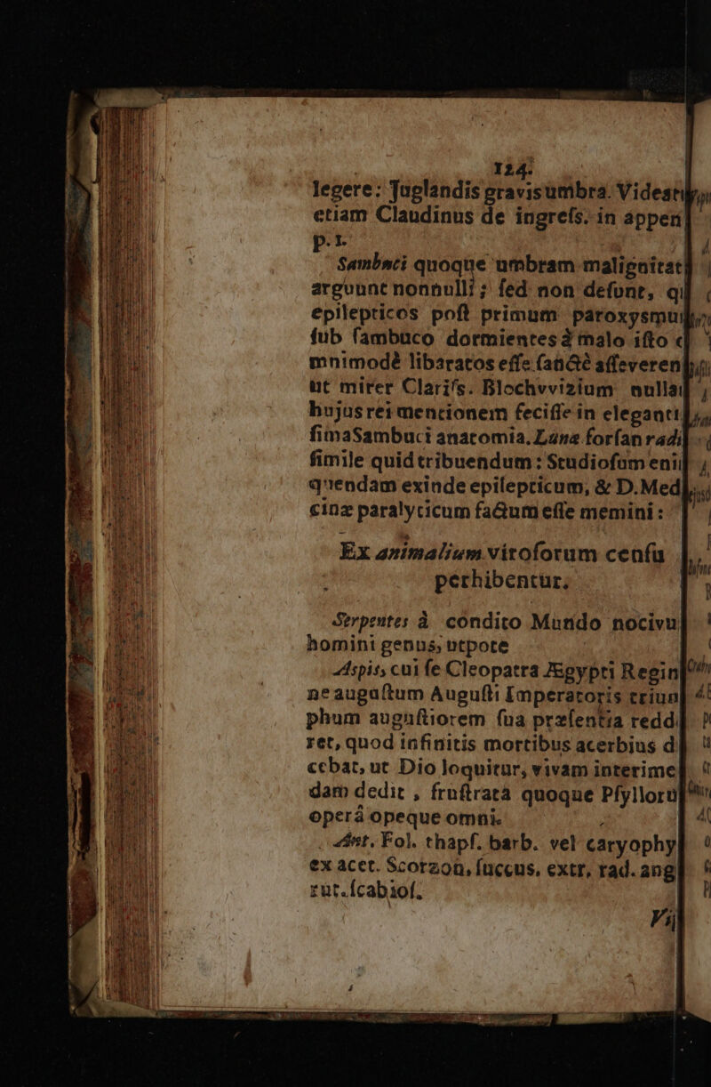 | n8 legere: Juglandis gravisumbra: Vides ctiam Claudinus de ingreís. in appen . T EC ; ] d Sambnrei Venu malignitat| argount nonnulli ; fed: non defonr, qi]. epilepticos pofl primum paroxysmuil n fub fambuco dormientes malo ifto d mnimodé libaratos effe (ah Gé a(feveren]; ut mirer Clarifs. Blochvvizium nulla hujusrei mencionem feciffe in eleganti], fimaSambuci anatomia. Lave forfan radi fimile quid tribuendum: Studiofam eni quendam exinde epilepricum, &amp; D. Med cinz paralycicum fa&amp;um efte memini: Ex animalium vitoforum ceníu . perhibentür, Serpeites à. condito Mundo nocivu homini genns; ntpote dspis; cui fe Cleopatra J&amp;gypri Regin n* augaftum Augufti Imperatoris triun| ^: phum auguftiorem fua przíentia redd. ret, quod infinitis mortibus acerbius d ccbat, ut Dio loquitar, vivam interime].- dam dedit , fruftrata quoque Pfylloru| ^ operáopequeomni. — A . dnt. Fol. thapf. barb. vel caryophy| ! ex acet. Scotzon, fuccus, extr, rad. ang zür.Ícabof. |