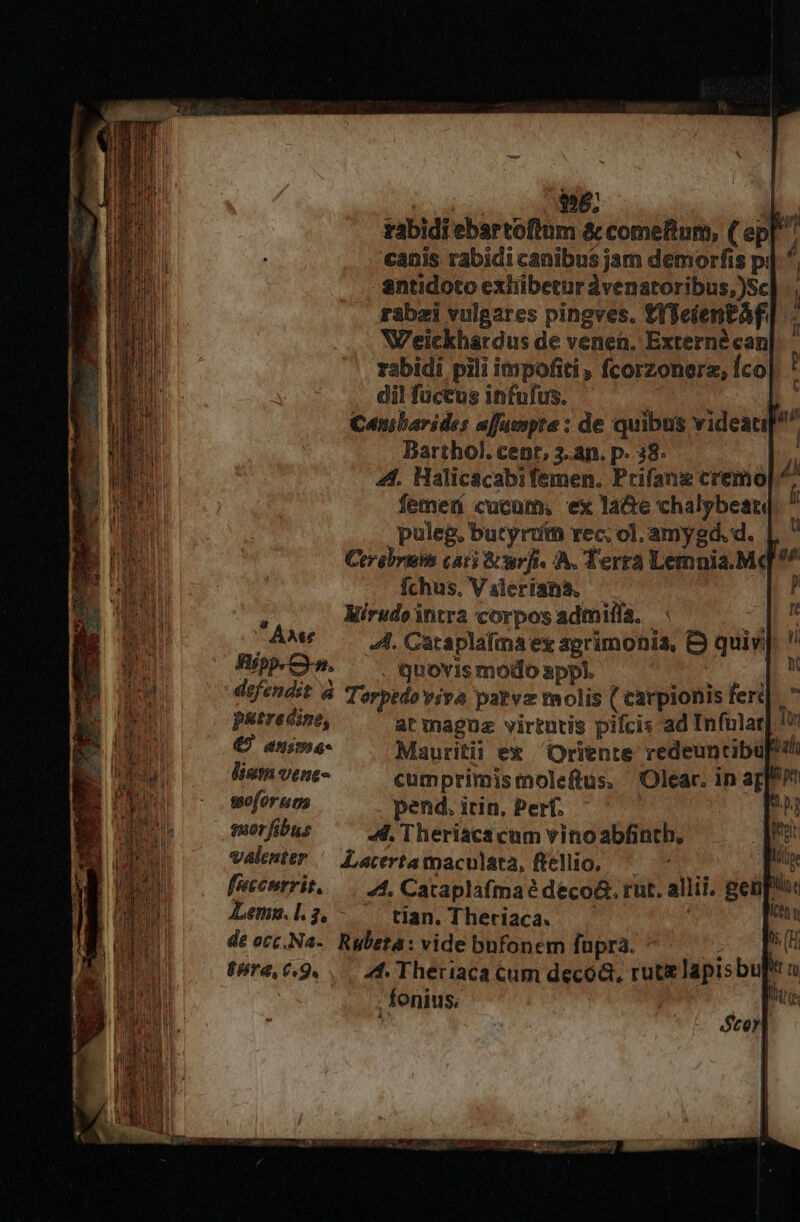 1 rabidi ebartofium &amp; comeftum, ( ep €anis rabidi canibus jam demorfis p: antidoto exliibetur àvenatoribus,)Sc rabzi vulgares pingves. fifeientàf. Weickhardus de venen. Externe can rabidi pili impofiti , fcorzonerz, Íco dil fuccus infufus. ^ XD Yi Canibarides a[umpte : de quibus videaci^ Barthol. cent, 3.an. p. 38. | 44. Halicacabifemen. Prifanz cremo femen cucum, ex la&amp;e chalybear puleg, bueyruib rec; ol, amygd. d. | Cerebrum cati Suurfi. A. Terra Lemnia.Mq ^ fchus, Valerianà. —— |? : Mírudo intra corpos admifía. : d .AMF —— 4. Caraplafma ex agrimonia, € quiv. Bip ^ quovismodoappl. S d defendit à Torpedo viva patvz molis ( carpionis ferc putredine, at maguz virtutis pifcis ad Infnlat € anima- Mauritii ex Oriente redeuntibupd liem venc- cumprimisimoleftüs. Olear. in ag[' soforuos pend. itin, Perf. wmorfibus ' 4. Theriacacum vinoabfinth. valenter ^ Lacertamaculata, ftellio. fescmrrit.—. 24, Cataplafmaé deco&amp;. rut. allii. genp' Lems.l3, - ^ tian.Theriaca. —— | de occ,Na-. Ruleta: vide bufonem fupra. dk | 8Hr4,C.9. ..— Ad. Theriaca cum decoa, rute Japisbupt o fonius. | j |