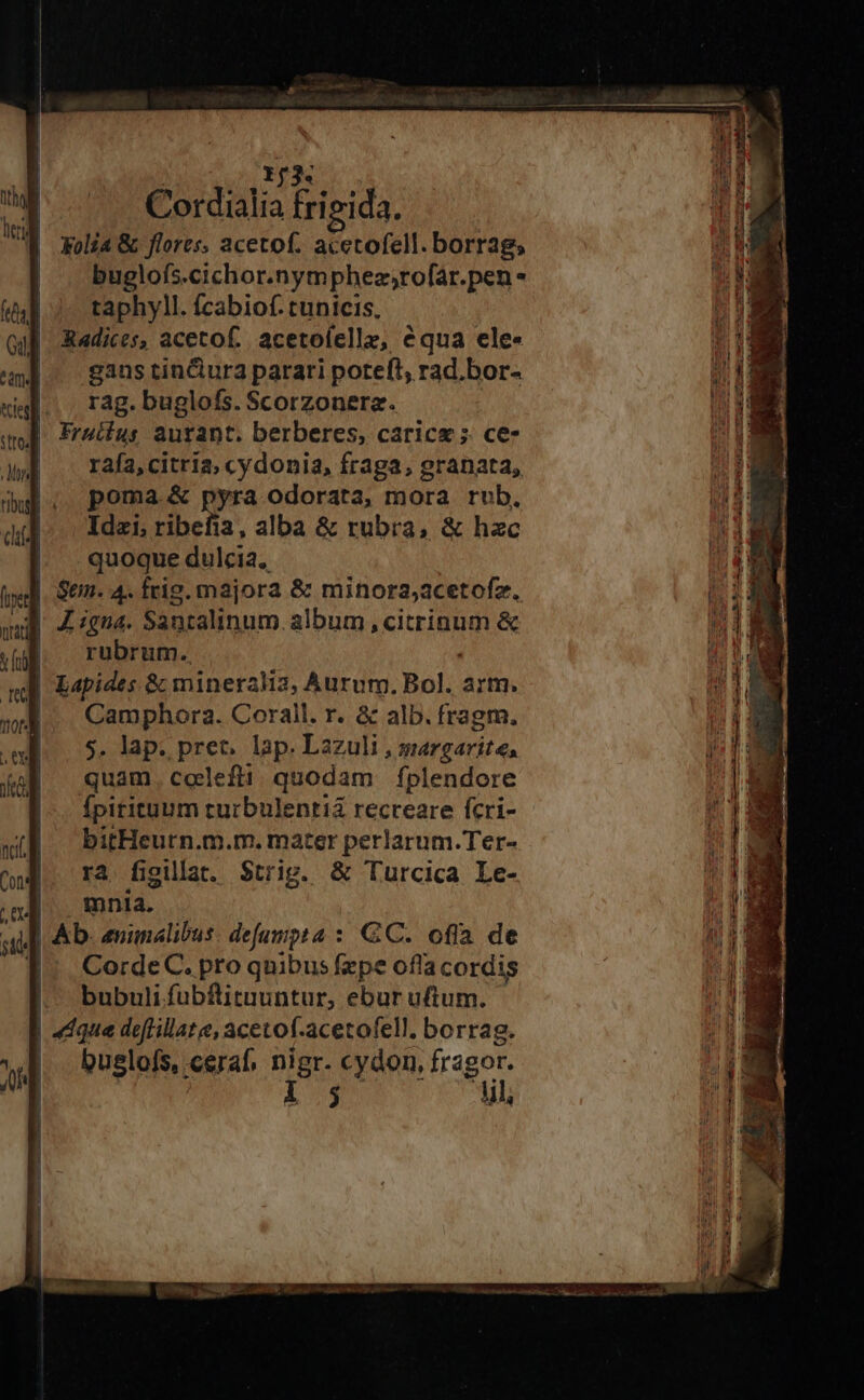 dg NS. Cordialia frigida. Koli4 &amp; flores, acetof. acetofell.borrag; buglofs.cichor.nymphez,rofár.pen taphyll. fcabiof. tunicis, Radices, acetof. acetoíelle, équa ele- gans tin&amp;ura parari poteft, rad.bor- rag. buglofs. Scorzoneraz. raía,citria, cydonia, fraga, granata, poma &amp; pyra odorata, mora rub, Idziribefia, alba &amp; rubra, &amp; hzc quoque dulcia. rubrum. sud Camphora. Corall. r. &amp; alb. fragm. 5. lap. prec. lap. Lazuli , margarite, quam . ccclefti quodam f[plendore Ípirituum turbulentiá recreare fcri- bitHeurn.m.m. mater perlarum.Ter- ra figilat. $trig. &amp; Turcica Le- mnia. Ab. evinalibus dejapta : CC. offa de CordeC. pro quibus fzpe offa cordis bubuli fubfituuntur, ebur uftum. | «dque deflillate, acetof-acetofell. borrag. buslofs, ceraf, nigr. cydon, AE ps l