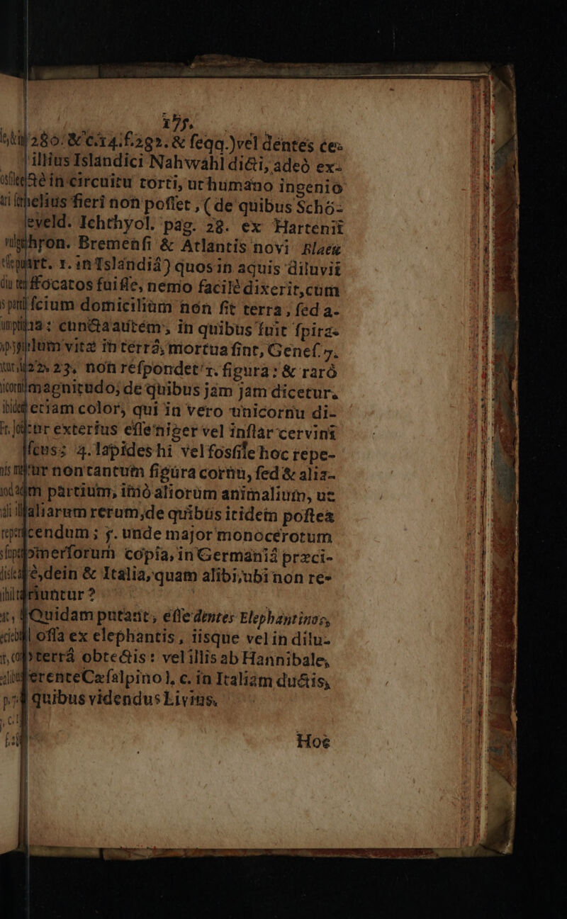 T | 2o POS sti 280: &amp; Cx 41292. &amp; feqq )vel dentes ce: | illius Islandici Nah wáhl di&amp;i, adeó ex ti ihelius fieri not poflet , ( de quibus Schó- eveld. Ichthyol. pag. 29. ex Hartenit nihron. Bremenfi &amp; Atlantis novi Rlaeg digit. r. in Ts]andiá) quosip aquis diluvii liu t$ ffocatos fuiffe, nemo facile dixerit,cum spi fcium domiciliam non fit terra , fed a- inpi18 : ehn&amp;aautém; in quibus fuit Ífpita« pyridum vitz Th terr; mortua fint, Genef. y. un22: 23, noti refpondet'z. figura: &amp; raró itxilmaenirudo; de quibus jám jam dicetur, bitd eram color, qui in vero unicornu di- t Jictir exterfus effemniger vel inflar cervini cus; 4.lapideshi velfosfife hoc repe- ir nl'ur non tantum figüra cornu, fed &amp; ali3- oiim partium, itió aliorüm animaliutn, uz ii Ialiarem rerum,de quibus itidein poftea mcendum ; y. unde major monocerotum lpipimerforum copia, in Germaniá przci- ite dein &amp; Itália,quam alibi;jubinon re» ihltdriuncur ? | i, fQuidam putarit; effedmres Elepbayrinos, «adl offa ex elephantis, iisque vel in dilu- ;, Ol terrá obte&amp;is: velillisab Hannibale, diferenteCafalpino, c. in Italiam du&amp;is, » 7a quibus videndus Livius.