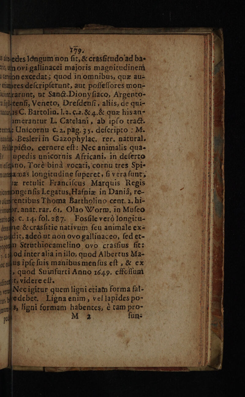 Hine unicornis AB icani, | in deíerto iino, Tore binà vocari, cornu tres Spi« »atjamas longicudine füperet, fi vera funt; Im retulic. Francifcus Marquis Regis iompngenfis Legatus,Hafnie in Danià, re- d yentibus Thoma Bartholino cent. 2, hi- rimi Pr . anat. rar. 61, Olao Worm. 10 Mufeo ; €. 14: fol. 227. Fosfile veró longicu- e &amp;crasfitie nativum feu animale ex «aujdiz, adeó ut non ovo gallinaceo, fed et- opo $trüchiocamelino ovo crasfius fit: . ipod inter alia inillo; quod Albertus Ma- «d jus ipfe fnis manibus menus eft, &amp; ex » quod Suinfurti Anno 1649. effofluni (inf » videre etl. d ecigitur quem ligni etiatn forma fal- i ledebet, Ligna enim; vel lapides po- B5 ligni formam habentes, é é tam pro-