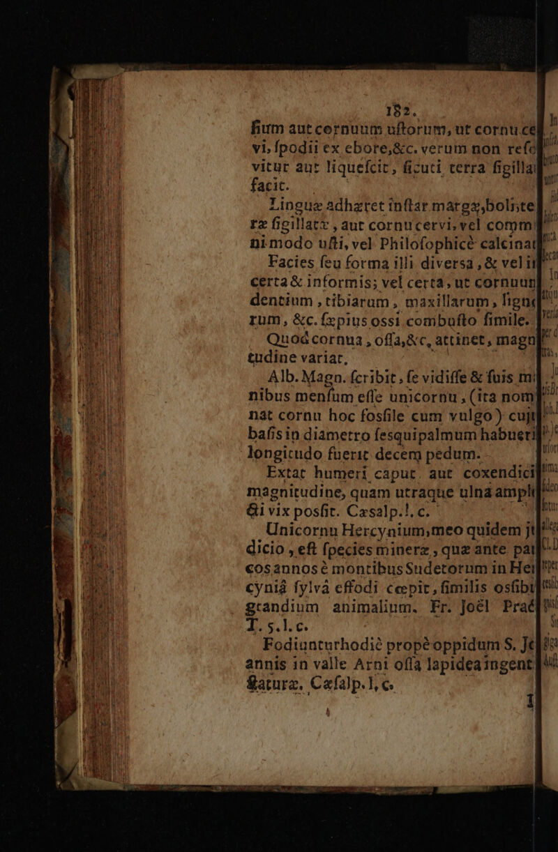fium aut cornuum uftorum, ut cornu cell vi. fpodii ex ebore,&amp;c. verum non refo vitür aut liquefcit, ficuti cerra frgillai facit. Lingue adhzret inflar margs,bolnte| rx ficillatz , aut cornucervi, vel comm: ni modo ufti, vel Philofophicé caleinai Facies feu forma illi diversa , &amp; vel ig certa &amp; informis; vel certa, ut cornuum dentium , tibiaram , maxillarum, ligul rum, &amp;c. fzpius ossi combufto fimile. | Quod cornua , offa,&amp;c, attinet, maga] tudine variar, $i an Alb. Magn. fcribit, fe vidiffe &amp; fus mi]. nibus menfüm effe unicornu , (ita nom nat cornu hoc fosfile cum vulgo) cuji]^ bafisin diametro fesquipalmum habuetil longitudo fuerit decerg pedum. [- Extat humeri caput. aut. coxendicif  magnitudine, quam UHERNE ulna ampli &amp;i vix posfit. Czsalp.!. Unicornu Heres nile quidem jt dicio , eft fpecies minerz , quz ante pat cosannosé montibusSudetorum in Hei cyniá fylvà effodi cepit, fimilis osfibi]t grandium animalinm. Fr. Joel Praé pl Ais. loc Y Fodiunturhodié propéoppidum S. Jt n annis in valle Arni offa lapideaingent U/ Satura, Cefalp. 1, c. 1