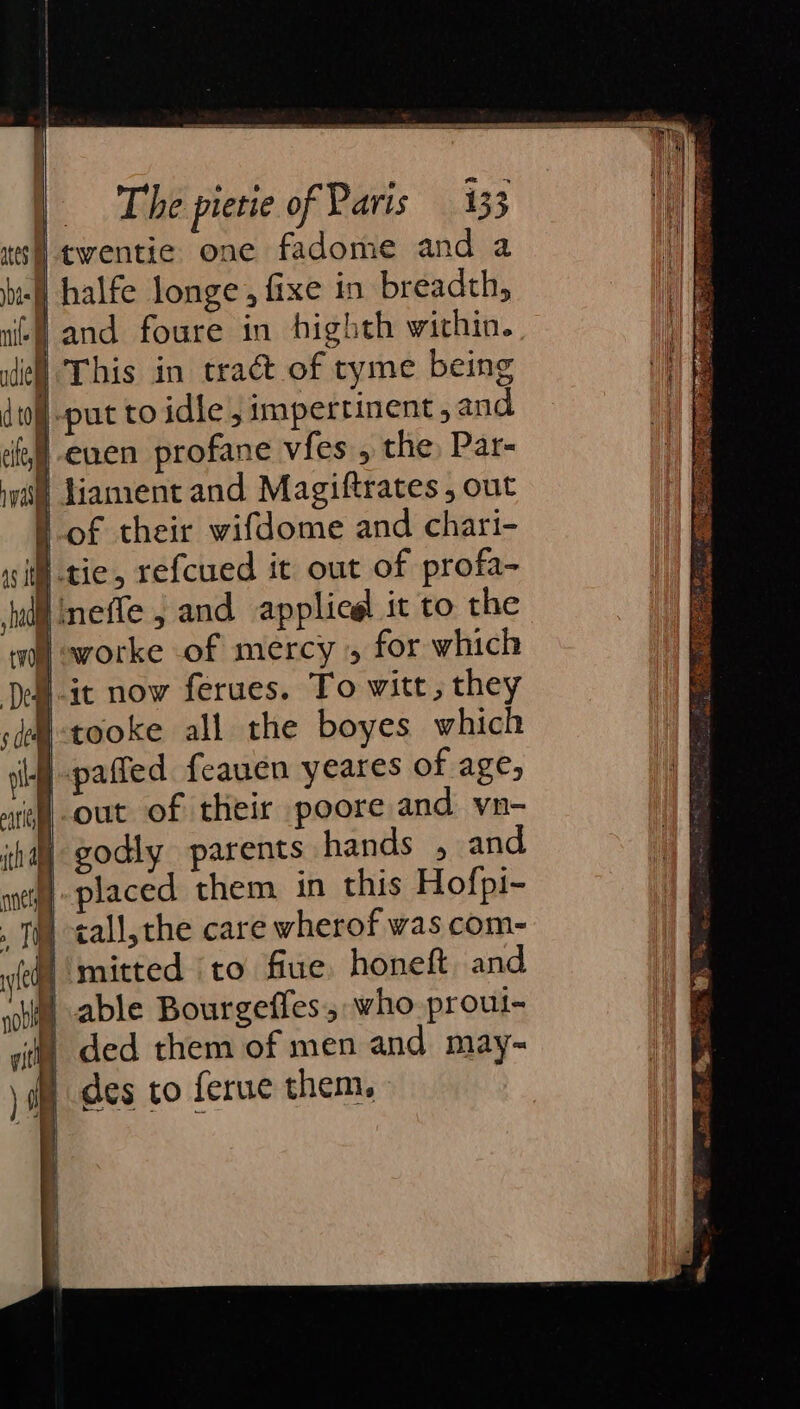 neh twentie one fadome and a hil halfe longe, fixe in breadth, i) and foure in highth within. diel This in tract of tyme being | put to idle, impertinent, and |-enen profane vies , the, Par- iwi diament and Magiftrates , out fof their wifdome and chari- 19 i | tie, refcued it out of profa- linefle j and applicgl it to the | é ° ty worke of mercy 5 for which Defl-it now ferues. To witt, they I-tooke all the boyes which I -paffed feauen yeares of age, sth out of their poore and vn- thay godly parents hands , and wey placed them in this Hofpi- . Ty tall, che care wherof was com- (ech mitted to flue honeft and iif, able Bourgeffes, who prout- ji) ded them of men and may- \ fu des to ferue them.