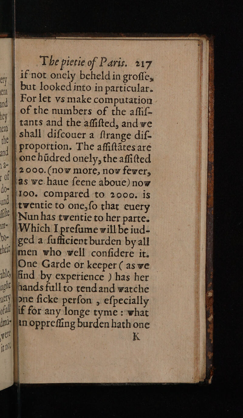 _ | if not onely beheld in grofles | but looked into in particular. | For let vs make computation j of the numbers of the afi | tants and the affifted, andwe | shall difcouer a ftrange dif- | proportion. The affiftates are Lone hiidred onely, the affitted /2.000.(now more, now fever, has we haue feene aboue) now |100. compared to 2000. is twentie to one,fo that euery Nun has twentie to her parte. Which I prefume will be iud- iged a fufficient burden by all men who well confidere it. ‘One Garde or keeper ( as we find by experience ) has her ands fullto tendand watche one ficke perfon , efpecially if for any longe tyme : what in oppreffing burden hath one K