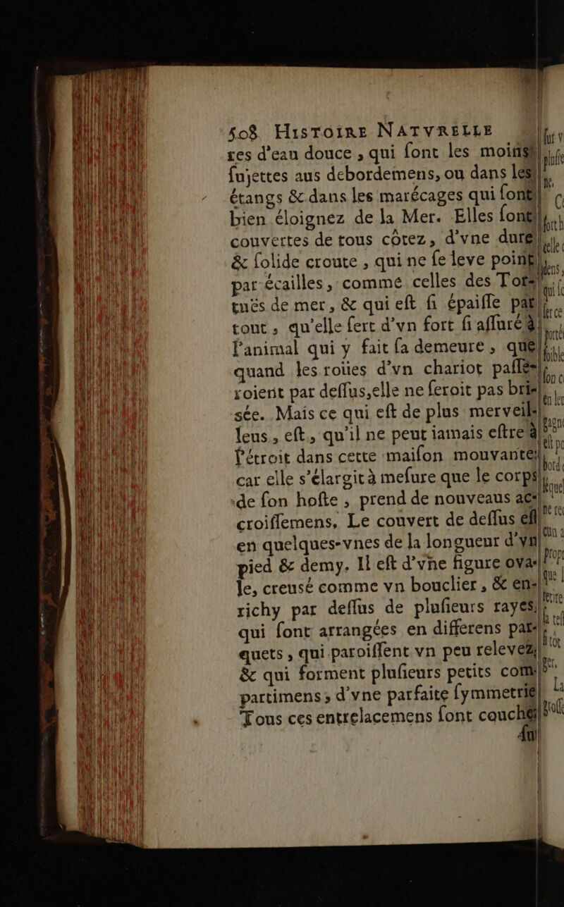 Ann da res d’eau douce , qui font les moiris}},;. Ma fujettes aus debordemens, ou dans les H DRE &gt; étangs &amp; dans les marécages qui fonts | FE bien éloignez de la Mer. Elles font], UNE) couvertes de tous cotez, d’vne duré (eu ANA TER N ‘ : . AMEN | Qu &amp; folide croute , qui ne fe leve poing. Hu par écailles , comme celles des Totil F LU KI ; a s . ! « 4 pQUL LC NT tués de mer, &amp; quieft fi épaifle pa} Le Er ce RES cout , qu'elle fert d’vn fort fiaflurég}, qua l'animal qui y fait fa demeure , quél}.. qui quand les roties d'vn chariot pate L à RUE soierit par def us,elle ne feroit pas brie LUEUR ; el Eu sée. Mais ce qui eft de plus merveilh. (in {eus,, eft,, qu'il ne peur iamais eftre -| Us ARUIRU fétroit dans cette maifon mouvantél} de car elle s’élargità mefure que le corps} : de fon hofte , prend de nouveaus 4€ % croiffemens, Le couvert de deflus Ef 4 en quelques-vnes de la longuenr d'y 2. pied &amp; demy. IL eft d’yne figure oyas|P? ET le, creusé comme vn bouclier , &amp; ens| | fin richy par deflus de pluñeurs rayes | mit qui font arrangées en differens pare jeu ll quets , qui paroiffent vn peu relevez] 4 AE &amp; qui forment plufieurs petits co as partimens; d'vne parfaite fymmetrig}, : Tous ces entrelacemens font couché] Au! |