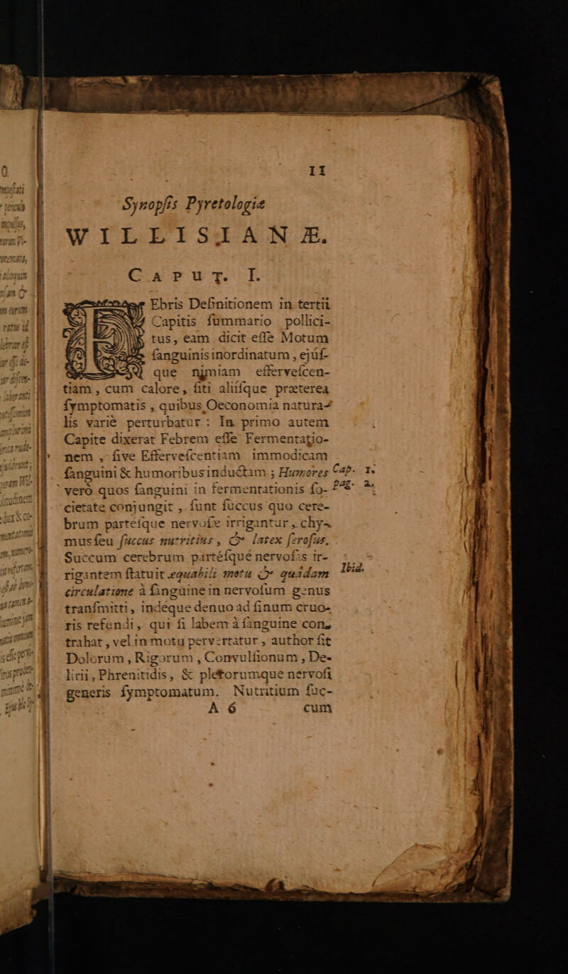 Sysopfis Pyretologiz WILLISIA Z IE. Cx uwryE Ebris Defnitionem in tertii Capitis fummario pollici- tus, eam dicit effe Motum fanguinisinordina tum, ejüf- AA - que njmiam -efferveícen- tiam, cum calore, fiti aliifque praterea Íymptomatis , quibus, Oeconomia natura- hs varié perturbatur : In. primo autem Capite dixerat Febrem effe Fe rmentatio- nem ,- five Efferveí(centiam immodicam fanguini &amp; humor! businductim ; ; Huwmores 642- 3- (1 Peg PT ) cietate conjungit , iunt fuccus quo cere- brum partéíque nervofe irrigantur , chy4 ! musfeu fuccus murrititus , o. latex | Ere Succum sstr dert pirtéfqué nervofss i riginte em ftatuit equas; metu (v 2e !om circulatiene à Éingui nein nervoíum g-nus aulas. ind Beque e de enuo ad Gades cruo- ris refandi, qui fi labem à fanguine con; trahat , vel in motu pervzrtatur , author fit Dolorum , Rigorum , Convultionum , De- lirii , Phreniti dis , &amp; plétorumque nervofi | generis Íymptomatum. Nutritium fuc- Ibid.