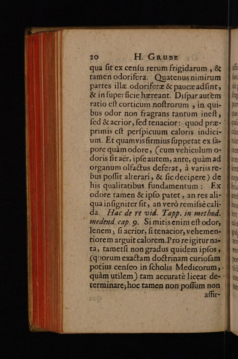 qua fit ex cenfu rerum frigidarum , &amp; tamen odorifera. Quatenus nimirum partes illa odoriferz &amp; pauczadfint, &amp; infuperficie hzreant. Difparautem ratio eft corticum noftrorum , in qui- bus odor non fragrans tantum ineft, fed &amp; acrior, fed tenacior:. quod prz- | primis e(t perfpicuum caloris indici- um. Et quamvisfirmius fuppetat ex ía- pore quàm odore, (cum vehiculum o- doris fit aer, ipfeautem, ante, quàm ad organum olfa&amp;tus deferat, à variis re- bus poflit alterari, &amp; fic decipere) de his qualitatibus fundamentum: Ex odore tamen &amp; ipío patet , an res ali- quainfigniter fit) an veró remifsécali- da. Hac de re vid. Tapp. in method. edeud. cap. 9. Simitisenim eft odor, lenem; fi acrior, fitenacior, vehemen- tiorem arguit calorem.Pro reigitur na» ta, tametfi non gradus quidem ipfos (quorum exactam doctrinam curiofam potius ceníco in fcholis Medicorum; quàm utilem) tam accuraté liceat de- :] terminare; hoc tamen non poffum e | affir-