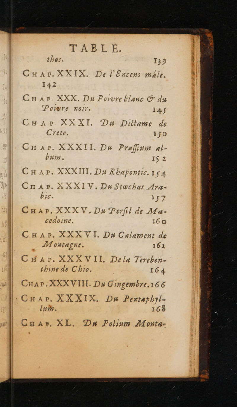   TABLE. CuHaAr.XXIX. De l'Encens male. 142 Cap. XXX. Du Poivre blanc © du Poivre noir. IAS$ Car XX XI. Du Diltame de Crete. 1fo Car ir XXII. D Praffinm al- b NI « 1$ 2. CrHapr. XXXIIT. Du Rhaponric. 1f4 CHaAr. XXXIV, Du Stœchas Ara- bic. 157 Car XXX V. Da Perfil de MLa- cedoine. 160 Car, XXX VI. Du Calament de Montagne. 162 CHar. XXX VII. Dela Tereben- hine de Chio. 164 CHar.XXX VIII. Du Gingembre.166 CHaAr. XXXIX. Dn Pestaphyl- lun. 163 Cuar, XL. Dn Polinm Monta-  