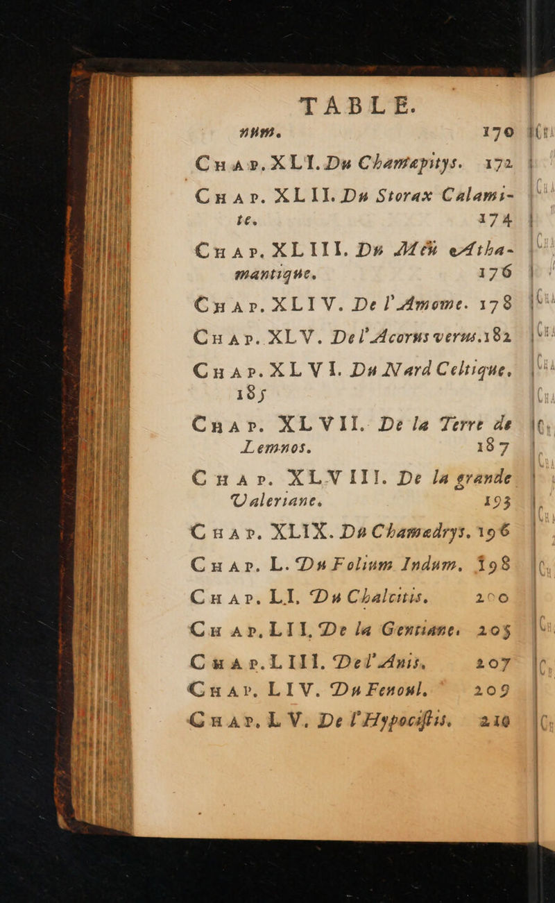        SE  TABLE. nn. 170 Cuar,.XLI.De Chamapitys. 172 Car. XLII. D# Storax Calami- te. 174 Car. XLIII. Ds Mu eAtha- mantique. 176 Crar.XLIV. De l'Amome. 178 Cuap. XLV. Del’ Acorns verns.182 Cuapr.XL VI. Du NardCelrique. 195 Car. XL VII. De la Terre de Lemnos. 18 7 Cuap». XL-V III. De la grande Valeriane, 193 Car. XLIX. Da Chamedrys. 196 Cuar. L. Du Folinm Indum. 198 Car. LI, Du Chalcitrs. 200 Cu Ap.LIl. De la Genriane, 205 Cuar.LIIl. Ded Ans, 207 Cuar. LIV. Du Fenonl, 209 Cuar, LV. De l'Hypocaltss, ; Î        if, 