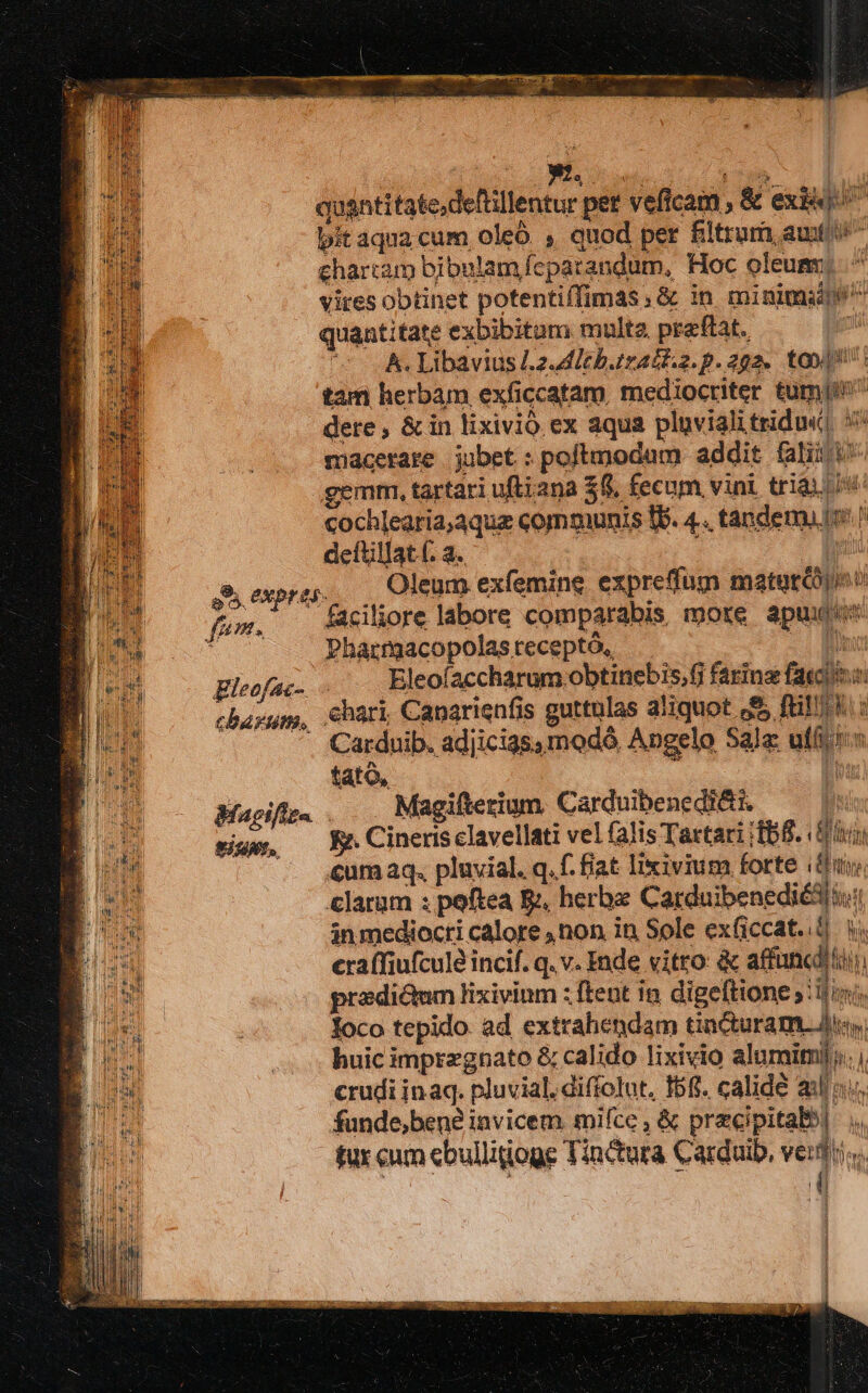 quantitate,deftillentur pet veflcam , & exi«^ bit aqua cum oleó , quod per fitrum aut chartam bibulam fepatandum, Hoc oleumm. ^ vires obtinet potentiffimas & in minima quantitate exbibitom multa preftat. | H À. Libavius [.2.4/cb.zzadt.2. p. 292. too: tam herbam exficcatam. mediocriter tum dere, & in lixivió. ex aqua pluviali tridu«| i macerare jubet : poftmodam addit falii i gemm, tartari uftiana $8. fecum vint. triai iu cochlearia;aque communis IE. 4... tandemu [o ^ deftillat f. a. bo B ads EXprab Oleum exfemine expreffum maturi ti faciliore labore comparabis more apu j Pharrgacopolas teceptó, n Eleofac. .. Bleofaccharum obtinebis,G farinae faecu chari, Canarienfis guttulas aliquot «$5 ftl li: Carduib. adjicigs, modó Angelo Salz uff: GhbAFU, - Magiflte. Magifterium Carduibenedi&t i sium. — Bo Cinerisclavellati vel (alis Tartari i188. |i ^A umaq. pluvia. q. f. fiat lixivium forte iu: &larum : poftea Ez. herbz Carduibenediéà in mediocri calore ,non in Sole exficcat..à à; craffiufcule incif. q. v. Inde vitro: & affuncditui predium lixivinm : ftent in digeftione ifii. loco tepido. ad extrahendam tinCturam. Jie huic imprzgnato & calido lixivio alumimi». ; crudi inaq. pluvial, diffolut. f$. calidé ail «i. funde,ben? invicem mifce , & oreepiaim L tur cum ebulliioge Tinctura Carduib, Ver : | 4 ! ! : LA Pat itn ^w