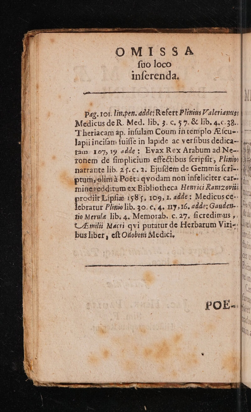 OMISSA fuo loco inferenda, Pag. 101. lit. pen. adde: Refert Plinius Valerianus: | Medicus de R. Med. lib, 3. c, 5 9. &amp; lib, 4.c.38.. | natrante lib. 25. c. 2. Ejufdem de Gemmis fcri-- Jj miüeredditum ex Bibliotheca Hetrrici Ranrzoviüi |. prodiit Lipfie 1585, 109, 1. adde: Medicusce- ks lebratur P/itiio lib. 30. c. 4. 11316, adde; Gaudet- - |^ tio Merula lib; 4. Memorab. c. 27. ficredimus ,. |. t fimili Macii qvi putatur de Herbarum Viris: |t bus libet , eft Odobori Medici, | Y.