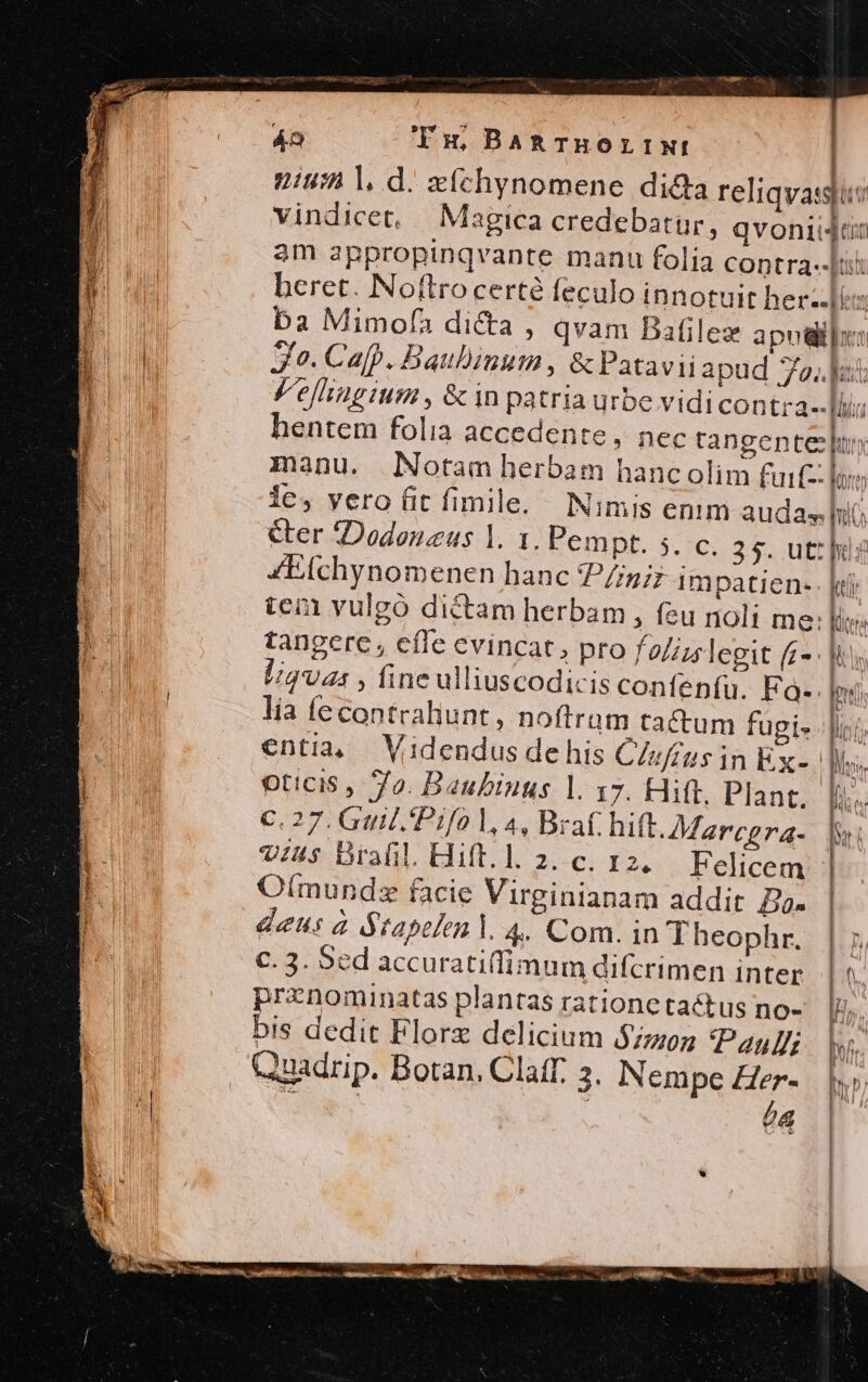 71u:A l, d. xfchynomene dida reliqvassjus vindicet, Magica credebatür, qvoniidjt am appropinqvante manu folia contra--]ii: heret. Noftrocerté feculo innotuit herz-li ba Mimof3 dicta , qvam Bafilez aput»: 3^. Cafp. Baubinum , &amp; Patavii apud 75... / eflingium , &amp; in patria urbe vidicontra.- fi hentem folia accedente , nec tangentes manu. Notam herbam hancolim fuif: lez 1e, vero fit fimile. Nimis enim auda hit &amp;er Dodonzus |. 1. Pempt. s. c. 35. utt hi; ZEfchynomenen hanc PZigiz iim patien- . ki cin vulgó dictam herbam , feu noli me: li». tangere , effe evincat, pro folis legit f£». Is l4v243 , fine ulliuscodicis confenfu. Fa- |n; lia fe contraliunt, noftram ta&amp;tum fupi |i; entia, Videndus de his Cisfius in Ex- im oticis , 7o. Baubinus l. 17. Hift. Plant. fii« c. 27. Gail. Pifo l4, Brat hift.Maregra-. li vts Brafil. Hift. 1. 2. c. 12, Felicem - O(mundz facie Virginianam addit. a. deus à Stapelenl. 4. Com. in Theophr. |; C. 3. Scd accurati(limum difcrimen inter |^. prznominatas plantas ratione tactus no- | | bis dedit Florz delicium $7705 Taull ws. | | Quadrip. Botan, Claff 3. Nempe Her-