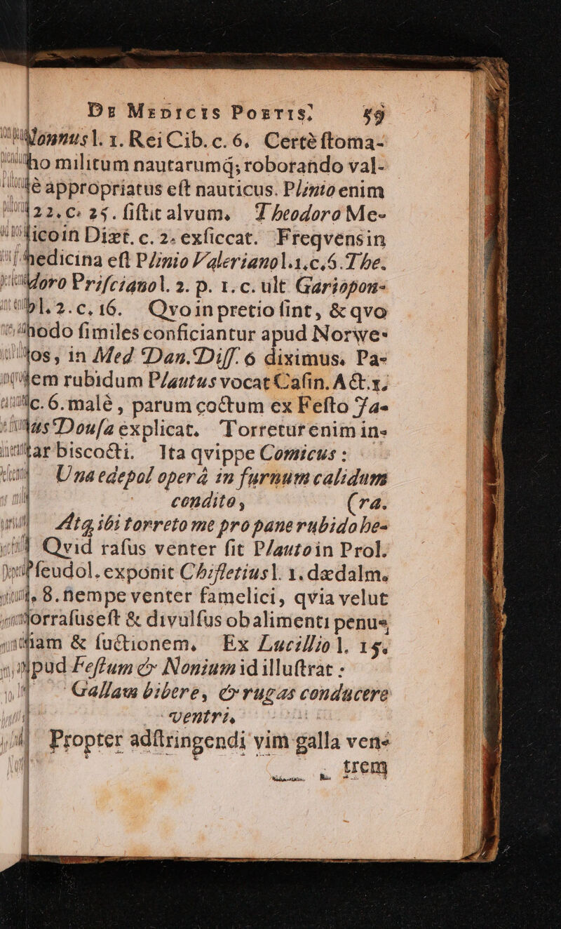 l | Dr Mzprcts PozriIs; 59 Mannusl. 1. Rei Cib.c.6. Certéftoma- ho militum nautarum; roborando val- /?lé abpropriatus eft nauticus. P/zzio enim 7422,c, 2s. fiftitalvum. |. beodoro Me- : hic Dizt.c.2.exficcat. Freqvensin |hedicina eft PZimio Palerianolag.c.5. The. Moro Przfcz2501. 2. p. 1. c. ult Gariopon- /€51.2.c,16. Qvoinpretio fint, &amp;qvo lhodo fimiles conficiantur apud Norywe- ü OS, in Med Dan.Diff. 6 diximus, Pa- »dem rubidum P/autus vocat Cafin. A &amp;.x, lc. 6.malé , parum coctum ex Fefto 7a- l^.4d (v1 AVI UU [^] (4 1d condito, (ra. 712 ibi torreto me pro pane rubido be- yiill Qvid rafus venter fit P/autoin Prol. jtf» 8. tempe venter famelici, qvia velut irrafuseft &amp; divulfus obalimenti penus fam &amp; fu&amp;tionem, | Ex Lucilio l. 15. 4 Npud Feffum c Nonium id illuftrat : vM Gellam bibere, é»rugas condacere j centra | Propter adftringendi vim galla vene