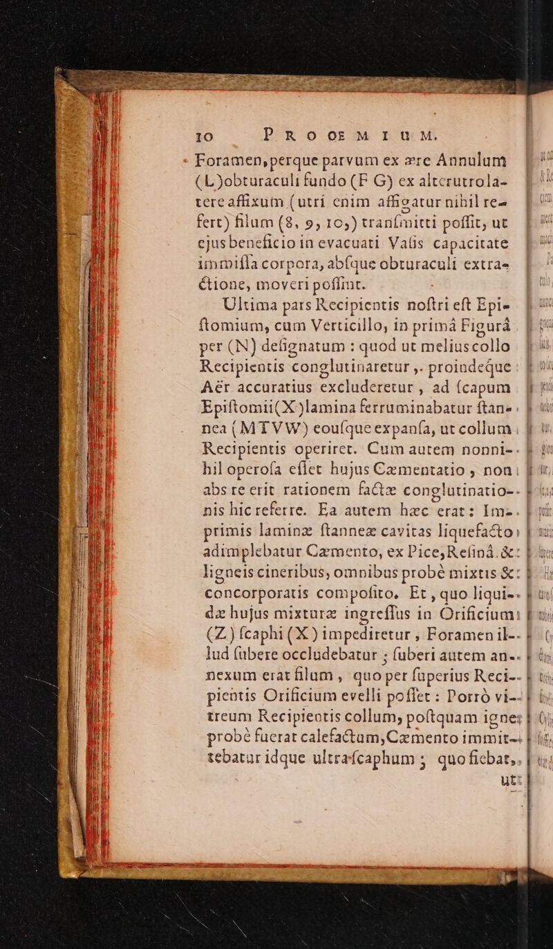 Foramen,perque parvum ex are Annulum ( Lyobturaculi fundo (F G) ex altcrutrola- tere affixum (utri enim affieatur nihil re- fert) filum (8, 9; 10,) tranfimitti poffit ut cjusbeneficio in evacuati Valis capacitate unmiffa corpora, abfque obturaculi extras &amp;ione, moveri poffint. Ultima pars Kecipientis dd eft E Epis ftomium, cum MArtieillo; in primá Figurá per (N) defignatum : quod ut meliuscollo Recipientis conglutinaretur ,. proindeque Aér accuratius excluderetur , ad fcapum Epiftomii( X )lamina ferruminabatur ftan- nea (MTVW) eoufque expanía, ut collum Recipientis operiret. Cum autem nonni- hil operofa eflet hujus Czmentatio , non nis hic referre. Ea autem hod erat: Im- pientis Orificium evelli poflet : : P'orró vi- tebatar idque ultra Ícaphum ; quo fie bat, ut