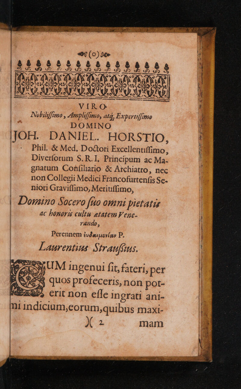 VIRO Nobiliffreo , Ampliffemo, ata, Expertiffimo [^ DOMINO JOH. DANIEL. HORSTIO, | Phil. &amp; Med, Do&amp;ori Excellentiffimo, | Diverforum S. R.I, Principum ac Ma- | . gnatum Coh(iliario &amp; Archiatto, nec | non Collegii Medici Francofürtenfis Sc- | niori Graviffimo, Meritiffimo, Doraino Socero fito omni pietatis Perennem tudauuovíay D, Laurentius S Iraufims. Am ES. pUM ingenui fit, fateri, per d $ quos profeceris, non pot- MEXQS erit non efle Ingrati ani- mi indicium,eorum,quibus maxi- | A. a mam