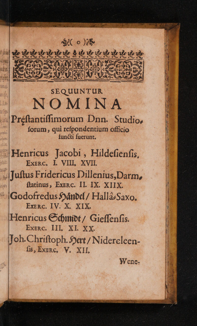 «| tay | | NOMINA is] Préflanuffimorum Dnn. Studio, : fotum , qui refpondentium officio functi fuerunt. | M Henricus Jacobi, Hildefienfis, | ExrRc, I. VIIL XVII. »,Ifuftus Fridericus Dillenius,Darm, ftatinus, ExeRc. II. IX. XIIX. i IGodofredus jánibd/ Hallá/Saxo. ExcRc. IV. X. XIX. |] Henricus Cfitiíbt / Gieffenfis. | bxc. LIL Xl XX. j oh.Chriftoph. 5.xrt/ Nidercleen- | | | : fi, ExsRc, V. XI, YWenc-