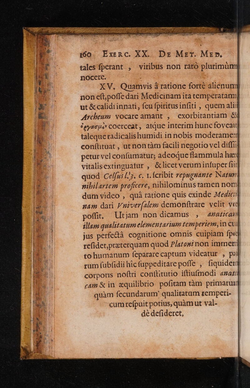 tales fperant. , viribus non raro plurimüm] noter 99 XV. Quamvis à ratione forté alienum non eft;poffe dari Medicinam ita temperatann] ut &amp; calidi innati, feu fpiritusinfiti , quem alii Archeum vocare amant , exorbitantiam &amp; PeyacueY cOCtceat, atque interim huncfoveatt taleque radicalis humidi in nobis moderame: coníütuat , ut non tàm facili negotio vel diffi petur vel confümatur; adeoque flammula hai vitalisextinguatur , &amp;licetveruminfuper fri quod Celfus L^. c. x. fcribit repugsanze INatum pibilartem proficere, nihilominus tamen nori dum video , quà ratione quis exinde Medi: zam dari Vnuiver(alem demonftrare velit v«d] poffit, Utjam non dicamus , 4Zaf£ica1) illam qualitatum elementarium temperiem,in cvi jus perfe&amp;à cognitione omnis cuipiam fped refidet;praterquam quod P/aros/ non immer:i £o humanum feparare captum videatur , pod ram (fubfidii hic fuppeditare poffe ,. fiquiderd corpous noftri conttitutio iftiufmodi az^ cam &amp; in. «quilibrio pofitam tàm primaruid quàm fecundarum' qualitatam rempcti- cum refpuit potius, quàm ut val- de defideret,