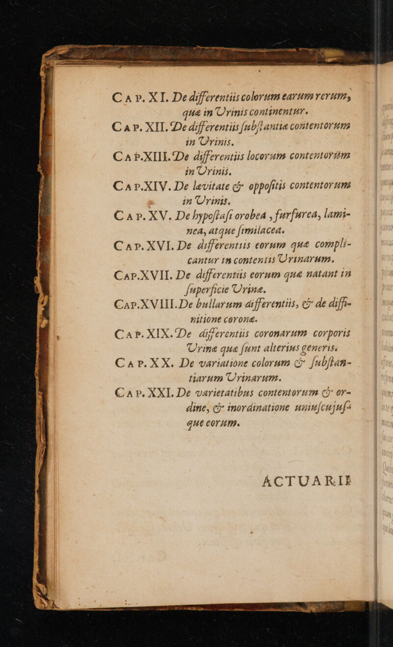 CA ». XI. De differentiis colertm earumverum, qua in Urinis continenter. Car. XII. 2e differentiis [nU|l anta contentorum in 'Orinis. C A $.XIIIL De differcatiis locerum contentoréins in 'Orinis. CA P.XIV. De levitate cj oppo[fitis contentorum in rins. C A v. XV. De bypofiaft orobea , furfurea, lami- nea, atque fimilacea. Ca».XVI. De differentiis corum que compli- cantur 18 contentis Crinarum. Car.XVII. De differentiis eorum qua natant 1a fuperficie rine. Car.XVIIL De bullarum differentiis, cb de diffe- nitione corona. Caf. XIX.De diferentis coronarum corporis Urima qua (unt alterius generis, C 4 P. X X. De variatione colorum c [ubflan- tarum Orinarum. C A v». XXL De varietatibus contentorum cb or- dine, ci inordinatione uuiu[cujnf^ ÁCTUARIE