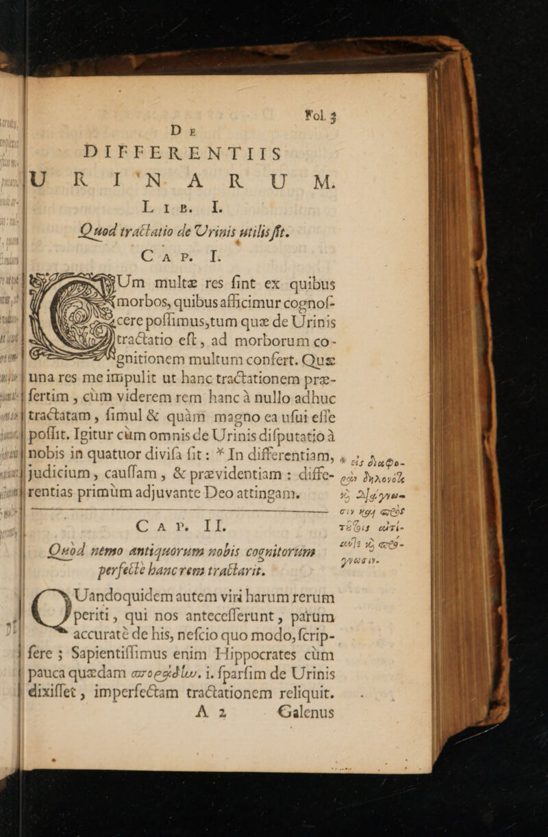 D zx DIFFERENTIIS IE TCAUA —A UU M | Lone OQ nod tyatlatio de Uriais utilis fft. CA PB. I. Um multe res fint ex quibus AX morbos, quibus afficimur cognof- «cere poffimus,tum quz de Urinis vzAtractatio eft, ad morborum co- gnitionem multum confert. Qus | una res me impulit ut hanc tractationem prz- TT Eo cum viderem rem hanc à nullo adhuc il uactaram , fimul &amp; qu? àm magno ca ufutr efle |J potdit. Igitur cüm omnis de Ur inis ;difputatioà à iJ nobis in quatuor divifà fit : «d judicium , cauffam , &amp; previdentiam : diffe- 'J rentias ; primum adju uvante Deo attingam. C A P IL Quod ntmo antiquorum nobis Coguitorttma perfecte li increm tratlarit. Uandoquid emautem viri harum rerum j| ( iti , qui nos anteceflerunt , parum accuraté de his, nefcio quo mox do,fcrip- | fere ; SapientifIimus enim Hippocrates cüm | pauca quzdam avecezediw. i. fparfim d de Urinis | dixiffet , imperfe&amp;am traclationem reliquit. | A41 Galenus jj dia Qo- «i «.» —— CS ii UEMEAUETRUS GE oni o RR 212 NEP UESHESNISS. ——————M—M