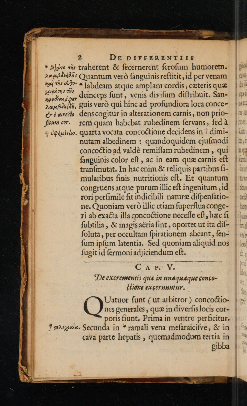 qupéons Tus Ae Bonos, (C à directio ftum cor. T oQdpsrlo. * labdeam atque amplam cordis , ceteris quz deinceps funt, venis divifum diftribuit. San- guis veró qui hinc ad profundiora loca conce- dens cogitur in alterationem carnis , non prio- rem quam habebat rubedinem fervans , fed à quarta vocata conco&amp;tione decidens in 1 dimi- nutam albedinem : quandoquidem ejufmodi concoctio ad valdé remiffam rubedinem , qui fanguinis color eft , ac in eam quz carnis eft tranfmutat. In hac enim &amp; reliquis partibus fi- mularibus finis nutritionis eft. Et quantum congruensatque purum illic eft ingenitum ,id rori perfimile fit indicibili naturz difpenfatio- ne. Quoniam veró illic etiam fuperflua conge- ri ab exacta illa conco&amp;tione neceffe eft, hzc fi fübtilia , &amp; magis aéria fint , oportet ut ita dií- foluta , per occultam fpirationem abeant , fen- fum ipfum latentia. Sed quoniam aliquid nos fugit id fermoni adJiciendum eft. C A Fr. V. De exetremtntis qua in undquaque conco- éliene excernuntuv. Uatuor funt ( ut arbitror ) conco&amp;io- nes generales , quz in diverfislocis cor- poris fiunt, Prima in ventre perficitur. cava parte hepatis , quemadmodum tertia in gibba