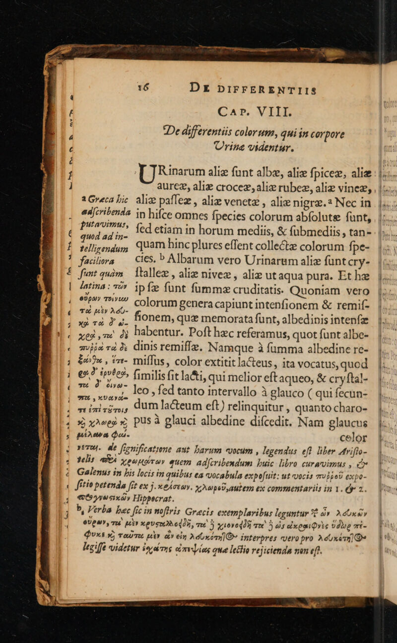 CAr. VIII. De differentiis colerum, qui in corpore Urine videntur. 1 d oviltont 1Greca bie aliz paflez , ali veneta , alie nigrz.? Nec in ed[cribenda in hifce omnes fpecies colorum abfolute fünt, ? itia ' fed etiam in horum mediis, &amp; fübmediis , tan- E : ind quam hinc plurcs effent colle&amp;tz colorum fpe- faciliora cies, P Albarum vero Urinarum alize funt cry- fent quàm ltallez , aliz nivez , aliz ut aqua pura. Et hze intina: vo» pfe funt fümmz cruditatis. Quoniam vero r^. colorum genera capiunt intenfionem &amp; remif- 7 Hir MU- f onem, qu&amp; memorata funt, albedinis intenfz xeà ,»e 4j habentur. Poft hec referamus, quot funt albe- zvjia rz 2; dinis remiffe. Namque à fumma albedine re- $7» , *nt- miffus, color extitit lateus , ita vocatus, quod e»? te. fimilis fit la&amp;i, qui melior eft aqueo, &amp; cryftal- ;. leo , fed tanto intervallo à glauco ( qui fecun- dz. dumlacteum eft) relinquitur , quanto charo- 749 £7IÍTS'TOLS$ 1 : 3  X x^eep x, pus à glauci albedine difcedit. Nam glaucus putAeton Qua celor »tTw4. de fieuificatiene aut barums «vocum, legendus eft liber Mtriflo- felis. VEA y ouuoiru» auem ad[cribemdum buic libro curaroimus , Galenus in Lis locis in quibus ea vocabula expo[uit: ut vocis srvige9 expo- Jitio petenda fet ex j. x ecsav. V^wpe? autem ex commentariis in 1. (r 2. «C yyscixay Hippecrat. b, Verba bac fic in moflris. Grecis exemplaribus leguntur 2 à». 3 soudv eUp Y, Tol pet» x Pus D odà5, Tw. 5 xioveqoy TU 5 ds dixesiQvyi Vd 7t- Qux 9, Tourn pev ot» ein Aduxom]O interpres cuero pro Aduxévn] Qe leciffe videtur iod ms emis oue lethio rejicienda non eft. ; ? $m sli