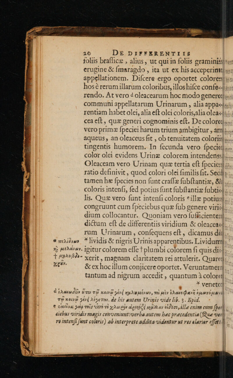 foliis brafhice , alius, ut qui in foliis graminisso v erugine &amp; fmaragdo , ita ut ex his acceperint] ««: appellationem. Difcere ergo oportet colores i hosérerum illarum coloribus, illos hifce confe-J y; rendo. At vero d oleacearum hoc modo genered communi appellatarum Urinarum , alia appa; rentiam habet olei, alia eft olei coloris;alia olea444,5; cea eft , quz generi cognominis eft. De colored; vero primz fpeciei harum trium ambigitur , arn)». aqueus, an oleaceus fit , ob tenuitatem coloriss,.... tingentis humorem. In fecunda vero fpecitd,... color olei evidens Urine colorem intendens]... Oleaceam vero Urinam quz tertia eft fpecierd s. ratio definivit , quod colori olei fimilis fit. Secd];.;.. tamen he fpecies non funt craffz fuübftantise, &amp;k coloris intenft, fed potius funt fubflantiz fubti4] ;. lis. Quz vero funt intenfi coloris *illa potiusj.../ congruunt cum fpeciebus quz fub genere viri]. dium collocantur. Quoniam vero fufficienter], dictum eft de differentiis viridium &amp; oleacea«d. rum Urinarum , confequens eft, dicamus did, «sv. &amp; ex hocillum conjicere oportet. Veruntamer] tantum ad nigrum accedit , quantum à colored * venetcd. ^