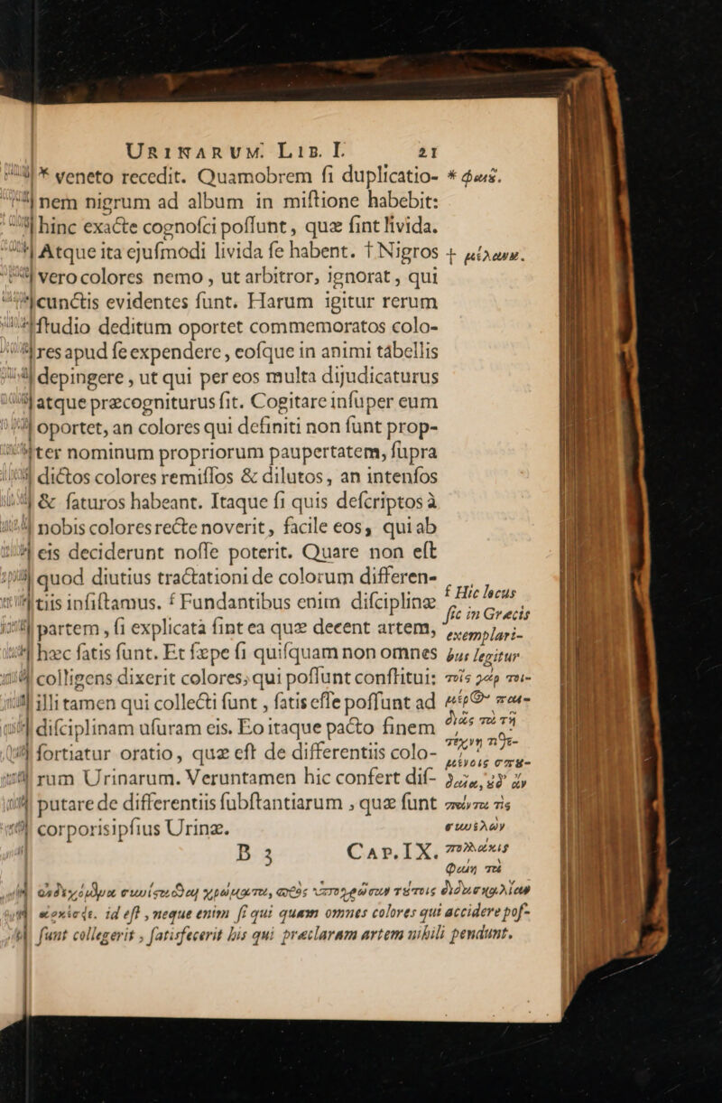 |* veneto recedit. Quamobrem fi duplicatio- | nem nigrum ad album in miftione habebit: AM tinte exacte cognofzi poffunt, quz fint livida. ^| Atque ita ejufmodi livida fe habent. 1 Nigros I vero colores nemo , ut arbitror, ignorat , qui iileunóiis evidentes funt. Harum igitur rerum Atudio deditum oportet commemoratos colo- PESSspadieexpendere coíque in animi tábellis 3l depingere , ut qui per eos multa dijudicaturus il atque precogniturus fit. voiture imde. sii oportet, an colores qui definiti non funt prop- ter nominum propriorum paupertatem, fupra //*'3 dictos colores remiffos &amp; dilutos, an intenfos enses babeanes Tesqóe quis defcriptos à | nobis coloresre&amp;te noverit, facile eos, quiab ^| eis deciderunt noffe poterit. Quare non eft 1j quod diutius tra&amp;tationi de colorum differen- tiis infiftamus. f Fundantibus enim difciplinz Il partem , (1 explicata fint ea qux decent artem, H hzc fatis funt. Et fepe (1 quifquam non omnes 154 colligens dixerit colores; qui poffunt conftitui: W illi tamen qui colle&amp;i funt , fatis effe poffunt ad it] difciplinam ufuram eis. Eo; itaque pacto finem t| fortiatu oratio, quz eft de differentiis colo- 4! ram Urinarum. Veruntamen hic confert dif- jM 4| putare de differentiis fubftantiarum , quz funt «e corporisipfius Urinz. Ba Car.IX. t * dos. t giunz. f Hic locus ffc in Grecis exemplari- pus legitur TUS 244p TOi- pip QO oat los TU T TEX VY nO:- nois coru- dede, sd cv 7m) TO. Ti6 € UuU$AGy Zr9 DotA f Qus TU j LEUR II —Ut ees anm drip re xxm