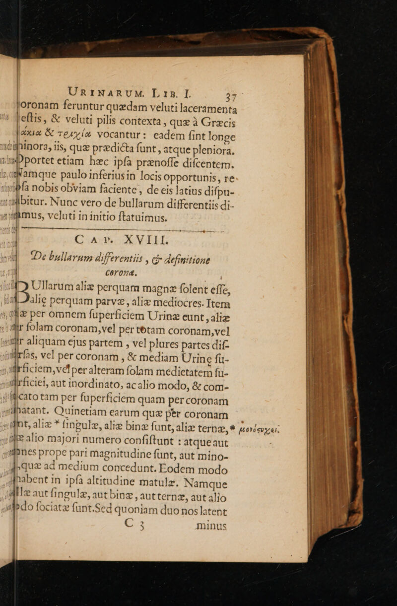 Joronam feruntur quzdam veluti laceramenta leflis, &amp; veluti pilis contexta, qu£ à Grzcis Jaxia &amp; e/o vocantur: eadem fint longe x nflmus, veluti in initio ftatuimus. ———————B— | CAr. XVIIL.- C8Y074. lie perquam parvz , ali mediocres. Item dir folam coronam, vel per tétam coronam,vel Mirfas, vel per coronam , &amp; mediam Urine fi- e T u ita al lio majori numero confiftunt : atqueaut [- qux ad medium concedunt. Eodem modo jnabent in. ipfa altitudine matulz. Namque Az aut ingulz, aut binz, autternz, aut alio ipo fociatz funt.Sed quoniam duo nos latent C 3 minus