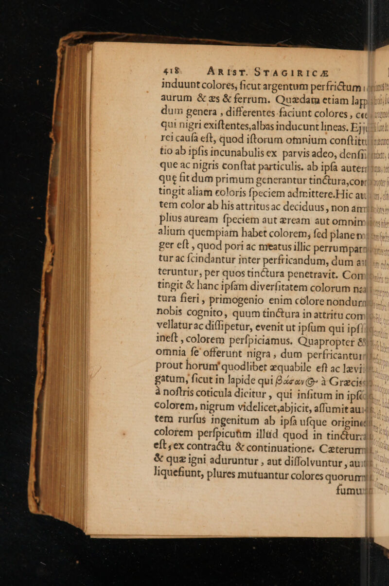 418 ARIsT. STAGIRICAE induunt colores, ficut argentum perfrictum i aurum &amp; zs &amp; ferrum. Quzdam etiam lapi qu! nigri exiftentes,albas inducunt lineas. E3j 0: rc1 caufa eft, quod iftorum otunium conftitri us t:0 ab ipfis incunabulis ex parvis adeo, denfii'ti:. que ac nigris conftat particulis. ab ipfa auter: que fit dum primum generantur tin&amp;ura,cop: tingit aliam eoloris fpeciem admittere.Hic auc. tem color ab his attritus ac deciduus , non am plius auream fpeciem aut zream aut omnimlb«i alium quempiam habet colorem, fed planes; ger eft , quod pori ac meatus illic perrumpar tur ac fcindantur inter perfricandum, dum a: teruntur, per quos tinctura penetravit. Con tingit &amp; hanc ipfam diverfitatem colorum nz tura fieri , primogenio enim colore nondura nobis cognito, quum tinctura in attritu con vellaturac diffipetur, evenit ut ipfum qui Ipf: ineft , colorem perfpiciamus. Quapropter &amp; omnia fe offerunt nigra ; dum perfricantui prout horum! quodlibet equabile eft ac levi gatum, ficut in lapide qui Q4zav(o- à Graci à noftris coticula dicitur , qui infitum in ipft colorem, nigrum videlicet;abjicit, affümit aui! tem rurfus ingenitum ab ipfa ufque origin«dl.. colorem perfpicutim illiid quod in tin&amp;turzdt. ^ e(t ;ex contra&amp;u &amp; continuatione; Ceterum) . ^ &amp; quz igni aduruntur , aut diffolvuntur , au:dt liquefiunt, plures mutuantur colores quorum) fumuj A