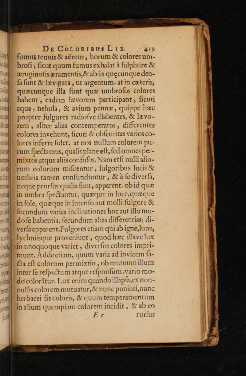 H LE i c» es » É B €^ g — L E» [-— L2 - zz Bp$&amp; zz —t- mrxE———— LA o aaa e iz : PzÀ za - Dre Coronisus Lis. 419 fumus tenuis &amp; acreus , horum &amp; colores um- brofi ; ficat quum fumus exhalat à fulphure &amp; eruginofis eramentis,&amp; ab iis quecunque den- fa funt &amp; levigata, ut argentum. at in czteris; propter fülgures radiofve illabentes, &amp; lzvo- rem ,-aliter alias Contemperatos , differentes colores invehunt, ficuti &amp; obícuritas varios co- lores inferrefolet. at nos nullum colorem pu- rum fpectamus, qualis plane eft, fcd omnes per- mixtos atque aliis confufos. Nam etfi nulli alio- rum colorum mifcentur , fulgoribus lucis &amp; umbris tamen confünduntur ; &amp; à fe diverfa, neque prorfus qualia (unt, apparent. obid que in umbra fpe&amp;tantur, queque in luce,quzque in fole, queque in intenfo aut molli fulgore &amp; fecundum varias inclinationes hocaut illo mo- do fe habentia, fecundum alias differentias, di- verfaapparent.Fulgores etiam ibd luna, lychniisque prov eniupt , quod hec illavelux in Eoast varict , div erfos colores impri- munt. Addeetiam, quum varia ad invicem fa- Gta eft colorum permixtio , ob mutuumillum Inter fe refpectum atque reíponfum, vario mo- do coloritur. Lux enim Queso a,cx non- nullis colorem mutuatur, &amp; nunc punicei,nünc herbacet fit coloris, &amp; quum temperattient üm in alium quempiam colorem incidit, &amp; ab eo Zr rurfus