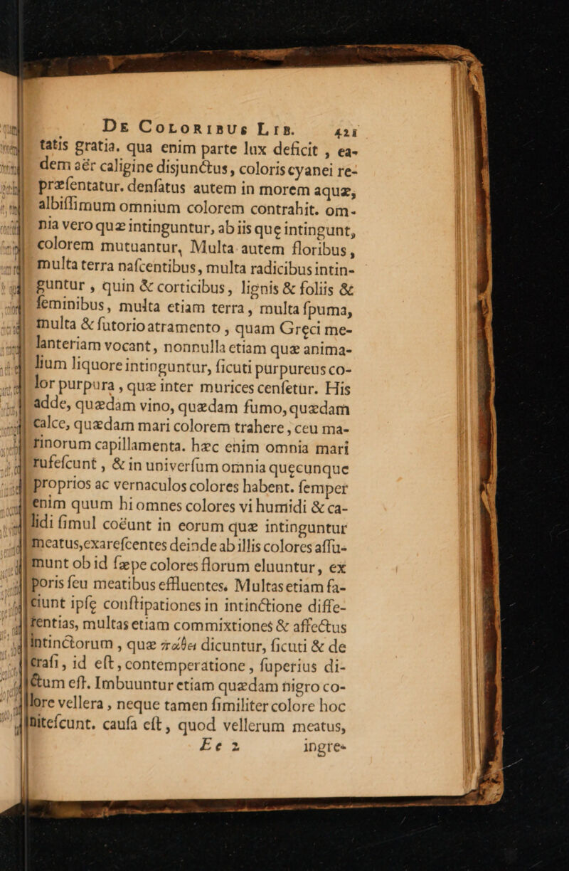 D&amp; Coronisus Lin. 42i tatis gratia. qua enim parte lux deficit , ea- dem a&amp; caligine disunctus , coloris cyanei re- igi przfentatur. denfatus autem in morem aquz; |. albiffimum omnium colorem contrahit. om- nia vero quz intinguntur, ab iis que intingunt, colorem mutuantur, Multa autem floribus , multa terra nafcentibus, multa radicibusintin- guntur , quin &amp; corticibus, lignis &amp; foliis &amp; feminibus, multa etiam terra , multa fpuma, inulta &amp; futorioatramento , quam Greci me- lanteriam vocant, nonnulla etiam quas anima- lium liquore intinguntur, ficuti purpureus co- lor purpura , quz inter murices cenfetur. His adde, quedam vino, quzdam fumo, quzdam calce, quedam mari colorem trahere ceu ma- MM irinorum capillamenta. hzc enim omnia mari Jp rufefcunt , &amp; in univerfum omnia quecunque di proprios ac vernaculos colores habent. femper enim quum hiomnes colores vi humidi &amp; ca- lidi (imul count in eorum quz intinguntur Incatus,exarefcentes deinde ab illis colores affu- munt ob id fzpe colores florum eluuntur, ex poris feu meatibus effluentes, Multasetiam fa- &amp;iunt ipfe conftipationes in intinctione diffe- tentias, multas etiam commixtiones &amp; affectus J[intin&amp;orum , que zab« dicuntur, ficuti &amp; de AMerafi, id. eft, contemperatione , fuperius di- JI&amp;um eff. Imbuuntur etiam quaedam nigro co- Allore vellera , neque tamen fimiliter colore hoc ABitefcunt. caufa cít, quod vellerum meatus, Ec 2 IDgres