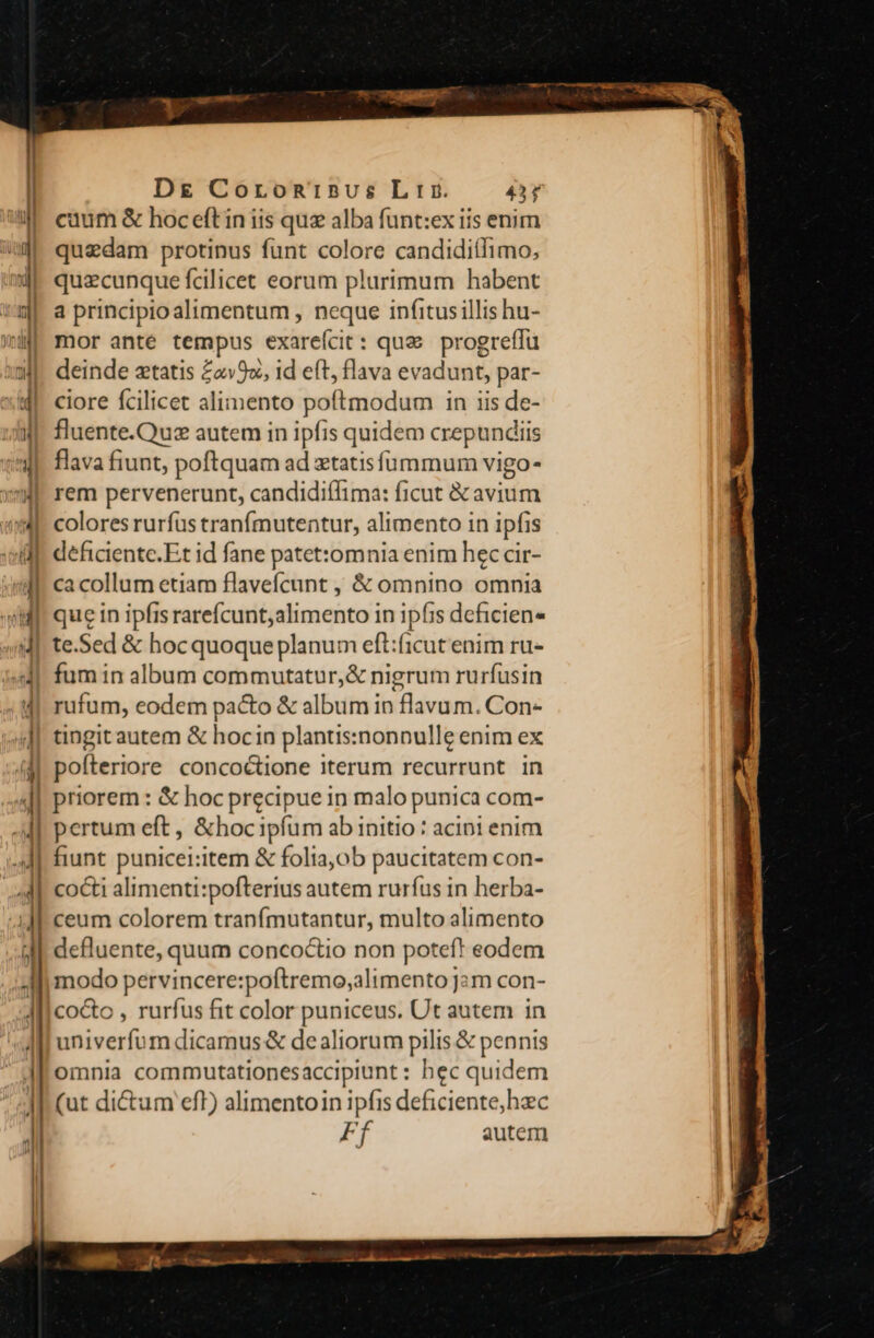 Dg Coroninus Lrrx. )p Il cuum &amp; hoceftin iis qu alba fünt:ex iis enim an quedam protinus funt colore candidiífimo, 4L quaecunque fcilicet eorum plurimum habent 5L a principioalimentum , neque infitusillis hu- HL mor anté tempus exareícit: que progreffü 3L. deinde xtatis £29», 1d eft, flava evadunt, par- 4|. ciore fcilicet alimento poftmodum in iis de- W. fluente.Quz autem in ipfis quidem crepundiis :alp flava fiunt, poftquam ad xtatis fümmum vigo- WP rem pervenerunt, candidiflima: ficut &amp; avium AM. colores rurfus tranfmutentur, alimento in ipfis deficientc.Et id fane patetxomnia enim hec cir- LP cacollum etiam flaveícunt , &amp; omnino omnia | que in ipfis rarefcunt;alimento in ipfis deficien* te.Sed &amp; hocquoque planum eft:(1icut enim ru- fum in album commutatur,&amp; nigrum rurfusin rufum, eodem pacto &amp; album in flavum. Con- tingit autem &amp; hocin planus:nonnulle enim ex pofteriore concoctione iterum recurrunt in priorem: &amp; hocprecipue in malo punica com- pertum eft , &amp;hocipfum ab initio: acini enim fiunt punicei:item &amp; folia,ob paucitatem con- cocti alimenti:pofterius autem ruríus in herba- ceum colorem tranfmutantur, multo alimento defluente, quum concoctio non poteft eodem modo pervincere:poftremo;alimento Jam con- cocto , rurfus fit color puniceus. Ut autem in univerfum dicamus &amp; dealiorum pilis &amp; pennis omnia commutationesaccipiunt : hec quidem (ut dictum efT) alimentoin ipfis deficiente; heec Ff autem $om9 Gu sb mm  e NAT M -— » x m Ps DN — — —Ó———— — -T ad * E L3 — W- pa n— ÁÁ— —ü——náaáÀ— ——— j - » - &amp; e iti (—