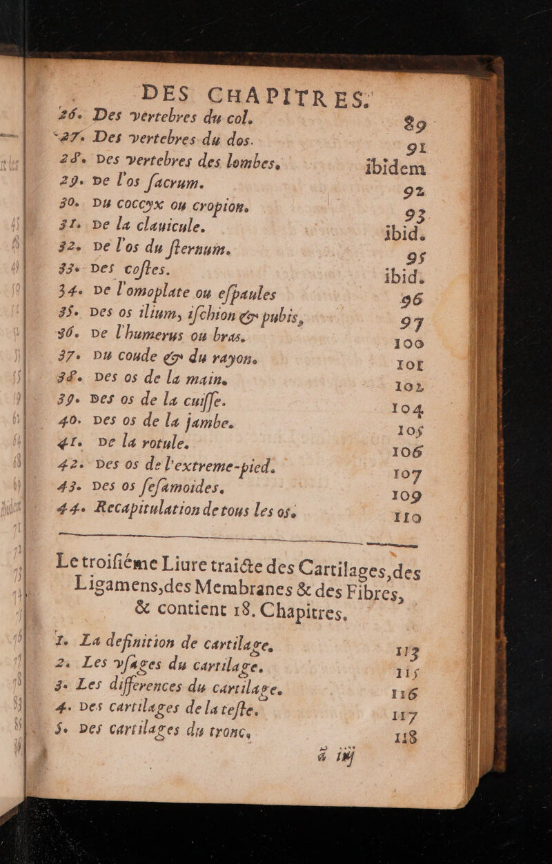DES CHAPI 20 Des Vertebres du col. 29, Des vertebres des lombes. 29, De l'os facrum. 30. DH COCCYX 04 cropiom, 31. De la clauicule. 32. ve l'os du flernum. 33+ Des coffes. 34. De l'omoplate ou cfpanles 35. Des os ilium, ifchion gr pubis, 30. De l'humerus où bras. 37+ Du coude gx du rayon. 38 Des 05 de la main. 39° Des os de La cuiffe. 40. Des os de la jambe. gr. De la rorule. 42. Des 05 de l'extreme-pied. 43. Des 05 fefamoides. 44 Recapitulation detous Les os. 7, La definition de cartilage, 2: Les vfages du cartilage, 3: Les differences du cartilage. 4. Des Cartilages de la trefle. $e DES Cari ages (ep7) [YONCs 89 gi ibidem 92 93 ibid. 9$ ibid. 96 97 100 IOE 102, 104 1of |. 106 l 107 109 | 119 17% 11$ 1:16 117