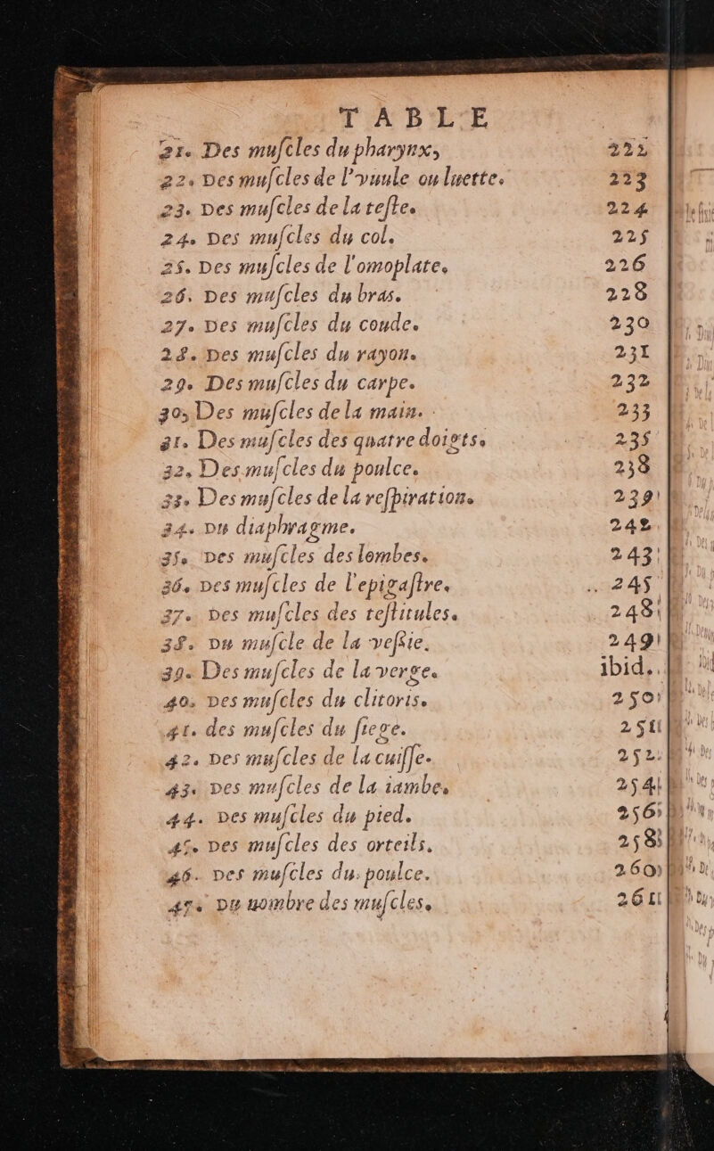 2r. Des mufcles dupharnx, 22. Des mucles de l’vuule on luette. 23. Des mufcles de la tete 24. Des mufcles du col. 25, Des muJcles de l'omoplate. 26, Des mufcles du bras. 27. Des mufcles du coude. 24. Des mucles du rayon. 29° Des mufcles du carpe 303 Des mufcles dela main. ar. Des mafcles des quatre doigts 32, Des mu) cles du poulce. 33» Des mufcles de la refpiratione 34. D6 diaphragme. Des Luce des lembes. pes mufcles de l'epigatre. des mucles des LORS 3$. DH mufele de la -vefSste. 392 Des mufcles de la verge. 40, Des mufcles du clitoris. #1. des mufcles du fige. 32. Des mufcles de la cuiffe. 43. Des mufcles de la iambe, 44. Des mufcles du pied. 45 Des mufcles des orteils, 46. pes mufcles du: poulce 4re Du uoinbre des mu efcles. à LE RER RE TR re ns ER : SR EE RAS GE Jp es : ue EAP AS PSN ENT ù PEN ” PAIE ‘ PE <— mé VE 7 ar tu, À 7 PTE PTE FR 2 z RASE ns CE, il A On 1/1 ue 2 5 +
