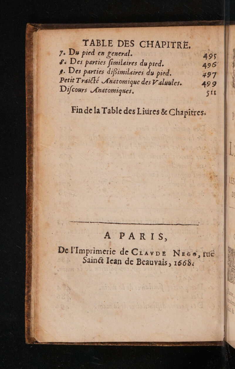 4 DER 2 L + 2 ral ds Bros é se Rire LORS 16000 04 ME VS TRE et ee LT à. S ééiialugt ss COM à Tir tiqe Of NES AT DS Le AT AREA ARE CRE APRES Lu : 2” Ÿ : “a ? à DROLE : À à PA J'y : &gt; ' 1. FT CS . , 27.3 ans, à 7-1 Se À Dm 1 SDS: - -# AT 3 j : TABLE DES CHAPITRE, 7e Dw pied en general. 495 #. Des parties diffimilaires dy pied. 497 Petit T raicté Aratomique des V'alüules. 499 A PARTIS, De l'Imprimerie de Ciavpe Nre 6, tué San Ican de Beauvais, 1668: RE © EU D VEN D en ns