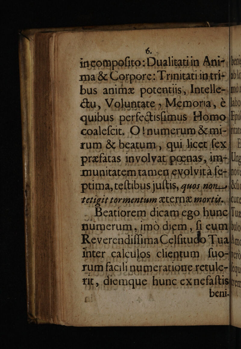incompofito: Dualitaiin Anix; |l: ma &amp; Gorpore: Trinitaciptrie [ii bus animz potentiis; Jntelle-.|i &amp;u, Voluntate ; Memoria, &amp; lib quibus perfectisfumus. Flomo [E coalefcit, O numerum &amp;aai- [t zum &amp; beatum, qui licet fex |. | prafatas 1nvolvat; poenas, 4m. munitatemtamenu evolvità fedi ptima, te[tibus juftis, quos nom &amp;x ..Beatiorem dicam ego hune lu: numerum, imo diem , fi eum RevercadiflimaCelfitudo Eualln inter calculos clientum fuo-J rum faci numeratioue retule-fo rit, diemque. hunc exnefaftis] beni]