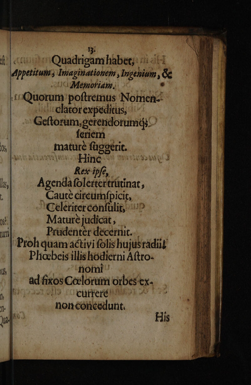1: | 'Quadrigam habet; i: 03 eppetitum s Imaginationem ,Insetiutn , Gc | GoMemofiam. mss. .to Quorum poftremus Nomen: clatorexpeditus, Geftorum,gerenidorum fcriem mature füeserit. — Hinc Reife Agendafolertertrütínat, . Cautécircumfpicit, Celeriter confulit, Mature judicat , : .. Prudenterdecernt.. —— Proh quam activi folis hujusradiil .. Phocbeis illis hodierni Atro- ^ nomi ad fixos Coclorüm orbes ex. curteré: nonconcedunt. His