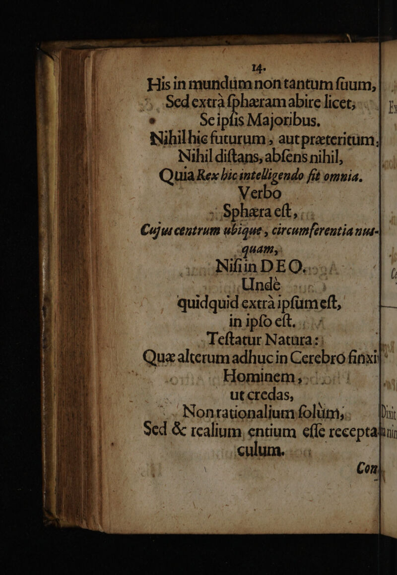 His in mundum nontantum füum, ^, Sedexaàfpharamabire licet; : Sc ipfis Majoribus. iNihilhic futurum ; autpractericm. Nihil diftans, abfens nihil, Quia Kex licinteligeudo fié omuia. | Verbo s Spharaeft, ;.. Cujw centrum ubique , circum[erentiaum- | (quamy: ,,,INifun DEQ...... | Unde £16, 4 quidquid extrà ipfum eft, inipío eft... T eftatur Natura: Quz alterum adhuc in Cerebro finxi|* i Hominem; . utcredas, Nonrauonaliumfolüm; Sed &amp; icalium, entium effe receptatui culum. e s