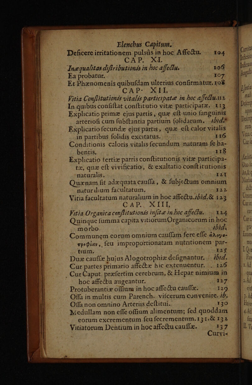 Deficere irritationem pulsüs in hoc Affe&amp;u. | xo4 CAP. XI. Inequalitas diffributionzs in boc affectu. 106 Ea probatur. 107 Et Phznomenis quibufdam ulterius confirmatur. 108 | CAP: XII. Vitia Conflitutionzs vitalis participate in boc affectu.uz In quibus confiftat conftitutio vitae participatz. 113 Explicatio primae ejus partis , qua eft unio fanguinis arteriofi cum fubítantia partium folidarum. |.15id.* Explicatio fecundae ejus partis, qua eít calor vitalis in partibus folidis excitatus. 116 Conditionis caloris vitalis fecundum naturam fe ba- bentis. 118 Explicatio tertize parris conftitutionis yitze participa- tx, quz eft vivificatio, &amp; exaltatio conftitutionis naturalis. I£l Quznam fit adzquata cauffa, &amp; fubjectum omnium naturilium facultatum. 121 Vitia facultatum naturalium in hoc affe&amp;tu.;2iZ.&amp; 123 QADP., XIIL, Fitia Organica conflitutionzs infitee in Doc affectu... X24 Quinque fumma capita vitiorumOrganicorum in hoc morbo ibid. Communem eorum omnium cauffam fere effe 4A oo- vpoQias , feu improportionatam nutrtioném par- tiim. 12j Duz cauffze hujus Alogotrophiz defignantur. .. ibid. Cur partes primario affe&amp;x hic extenuentur, , 126 . Cur Caput. praefertim cerebrum, &amp; Hepar nimium in hoc affe&amp;u augeantur. 127 Protuberantiz offium in hoc affe&amp;u cautfz. 129 Offa in multis cum Parench. viícerum convenire. 75. Offa non omnino Arteriis deftitui. 730 Medullam non effe offium alimentum; fed quoddam eorum excrementum. feu fecrementum. 13 1.&amp; 132 Vitiatotum Dentium in hoc affe&amp;u cauffa. 137 Curvi«