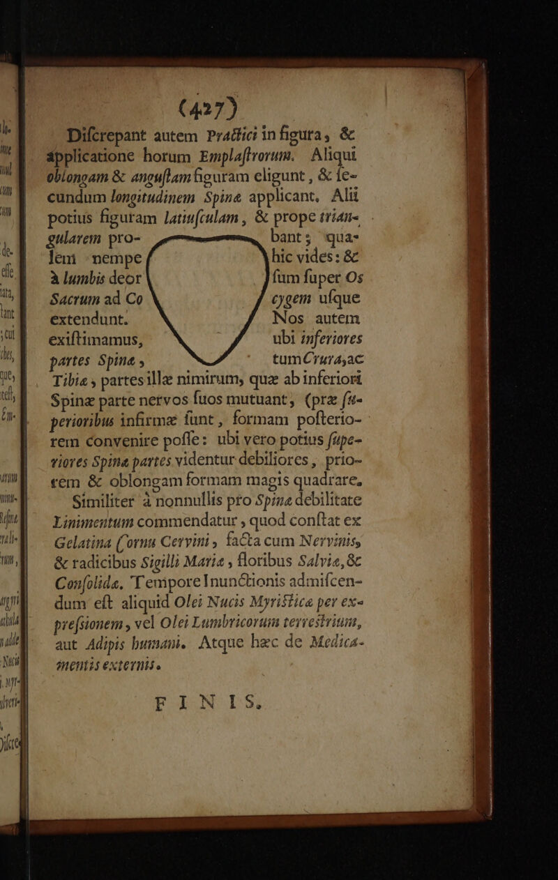 3) Difcrepant autem Pr4dici infigura, &amp; ipplicatione horum Empla[lrorum. | Aliqui oblonsam &amp; angu[lam figuram eligunt , &amp; fe- cundum lengitudinem Spine applicant, Ali potius figuram Jatiufculam , &amp; prope trian- gularem pro- bant; qua: lem nempe hic vides: &amp; à lumbis deor fum fuper Os Sacrum ad Co cygem ufque extendunt. Nos autem exiftimamus, ubi inferiores partes. Spina , tumCrurasac Tili« ; partesilla nimirum; qua ab inferiori Spinz parte nervos fuos mutuant, (pra fa- perioribus infirma funt , formam pofterio- rem convenire pofle: ubi vero potius fupe- viores Spina partes videntur debiliores , prio- rem &amp; oblongam formam magis quadrare, Similiter à nonnullis pro $024 debilitate Linimeutum commendatur , quod conftat ex Gelatina (Cornu Cervini , faCta cum Nervinis, &amp; radicibus Sigilli Mari , oribus Salvi, &amp; Con[olide, 'T enipore Inunctionis admifcen- dum eft aliquid Olei Nucis Myristica per ex« pre[sionem , vel Olei Lumbricorum terrestvitum, aut Adipis bumani. Atque hec de Medica- EHTS exteris FINIS.