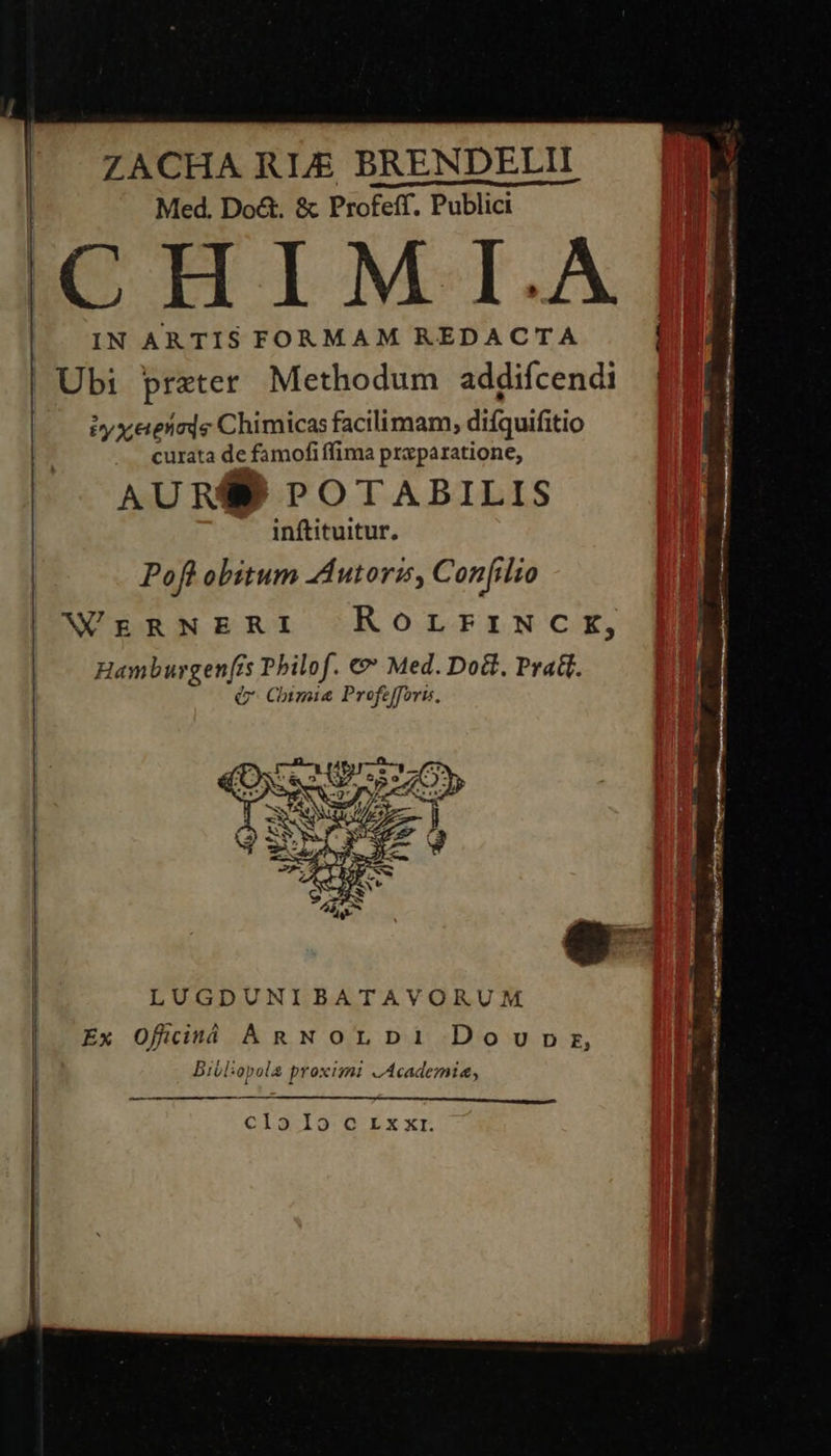     ZACHA RL£ BRENDELII Med. Do&amp;. &amp; Profeff. Publici C TH IM-I.A IN AR TIS FORMAM REDACTA | Ubi prater Methodum addifcendi Pyxeenods Chimicas facilimam, difquifitio curata de famofiffima przparatione, AURÁMP POTABILIS inftituitur, Poft obitum Zutoris, Conilio N'ERNERI ROLFINCE, Hamburgen[is Philof. € Med. Doct. Prat. &amp; Chimie Profefforis,  | LUGDUNIBATAVORUM Ex Officii ÁRNOLDI1 Doovnopr, Be Eus Bibl:opola proximi JAcademia,     clo Io:.o Ex xrI.  