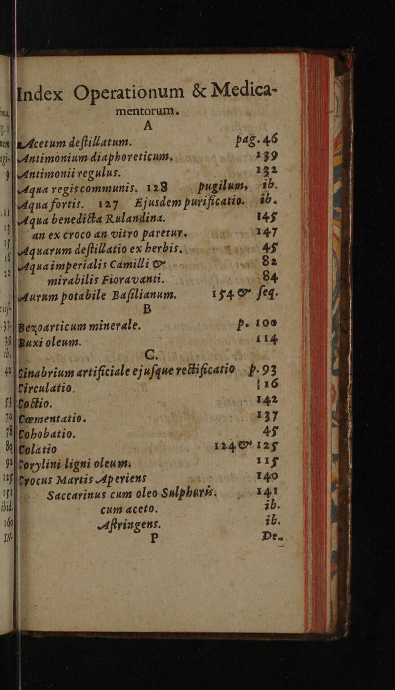  Index Operationum &amp; Medica- m mentorum. H1 A wn audcetum deflilatum. p4$- 46 qi udantimonium diaphoreticum. 139 e atntimonii regulus. 152 Mqua regis communis. vag... pugilum, ib. r vdqua fortis. 127 Ejusdem purificatio. ib. , IuMqua beneditla Rulandina. 145 i an ex croco an vityo paretur. 147 (quarum deflillatio ex berbis. 4$ al vquaimperialis Camilli c 82 mirabilis Fioravanti. 84. wurim potabile Bafilianum. 144 € feq. e B jh | os minerale. p.109 JI Buxi oleum. £ 14 ij C | Binabrium artificiale ejufque reBiificatio .. p. 93 Pirculatio. 116 HIEo&amp;io. 142 P Beementatio. 137 I Cobobatio. Aj M Eplatio 124 € 12$ JI Poyylini ligni oleum. 11$ fl byocus Martis -Aperiens 140  Saccarinus cum oleo Sulphburis, — 141 Á | cum aceto. ;b. 100] Aflriugens. ib. P   