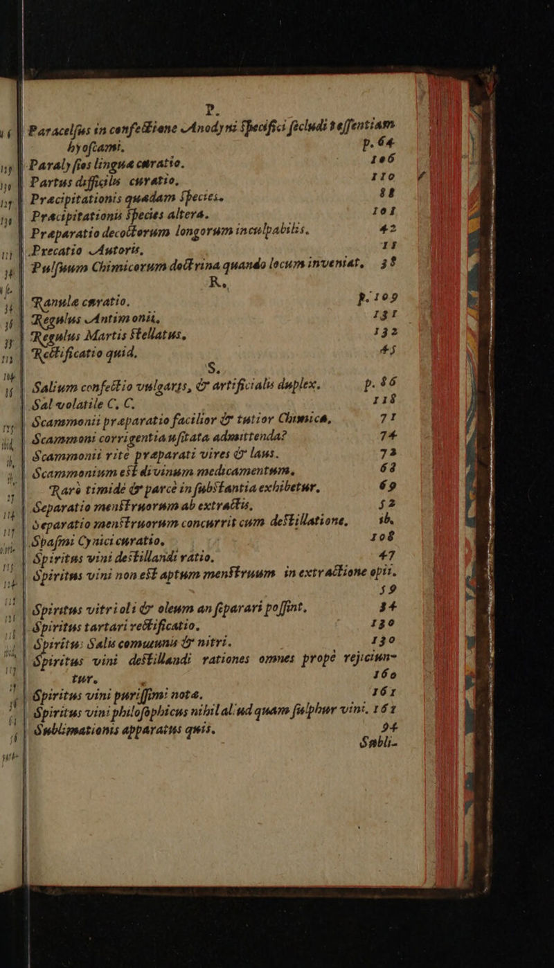 | P. T; | Paracelfus in confe&amp;ione JAnodyni feefici fécludi feffentiam | byoftami. p.64 up || Paral) fies lingue cmratio. 196 | Partus diffigls curatio, 1I0 Pracipitationis quedam fpecies. EI Pracapitationi peces altera. 101 | Preparatio decocteruro longorum inculpabilis, 42 JPrecatio JAutoris, 1I | Pulfuum Chimicerum dett rina quando locum inveniat, 3$ *. Ranule c&amp;ratio, p.102 eeslus e Antim oni, 1g: - | Reguiws Martis ftellatus, 132 | Retlificatio quid, T || M | alium confetlio vilgarts, &amp; artificialis duplex. p. $6 $Al volatile C, C. 11$ | Geansmonii praparatio facilior d tutior Cotwuica, 71 di $cammoni corrigentianfitata aduaittenda? 74 | Scammonii vite preparati vires à laus. 73 Scammonium est divinum medicamentum. 68 Rare timide à parce in fabsEantia exhibetur, 69 | Separatio menktruorum ab extrattis, $2 | oeparatio menisiruorum concurrit cum deftillatione, 5b, Spafmi Cyaici curatio, 108 | épiritus vini destillandi ratio. 47 | Bpiritms vini non esd aptum menSivuum. in extr acEione opii. 59 | Spiritus vitrioli d» oleum an feparari poffint. 34 | dpiritus tartari rei£ificatio. 139 | iii SAlis comuuni 1? nitri. 130 piritus vini deffillandi rationes. omnes prope vejicimn- | tur. n 160 Spiritus vini puriffim: act. IóI |! Spiritus vini philofóphicus nibil al'ud quam [ulphur vint. 161 | Anbzmationis apparatus quis. 94  oclo eA, deAL mm m  - - *   