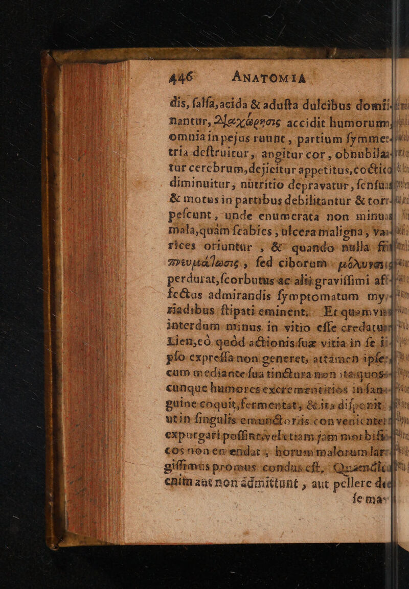  - Eeooago wt um paese cm pep e oder c ; ANATOMIA dis, falfa;acida &amp; adufta dulcibus domi! hantur, 2decrapnaie accidit humorum i oemniain pejus ruunt, partium fymme:. tria deftruirar, angitur cor , obnubila: i tur cerebrum, dejicitur appetitus, co&amp;ticg)!! diminuitur, nütritio depravatur , fenfuignta &amp; motusin partibus debilitantur &amp; torrj peícunt, unde enumerata non mint mala,quam feabies ; ulcera maligna, vasJi: rices otiuntür , &amp;- quando nulla frqiv ZI60pbt 1d0c16 ; fed ciboram pBOXUYM p perdurat, fcorbutus ac aliigravilfimi af4* fe&amp;as admirandis Ífymptomatum my; xiadibus ftipati eminent; Et quem visi interdum: minus. in. vitio effe credatur] Lien,có.quód.actionisfus vitia in fe ii| 1* plo.expreffa non generet, attamen ipfez 4? i cum mediantefaa tin&amp;bara mon itaquoss4 cunque humorescxeremeociriós infans guine coquitfermentat &amp;ita difponit. à utin fingulis-emundlo ris con venicnter qm expurgaripoffitveletiam fam morbi cosnonen'endar y: horum malorumdar: [5s gifims promus: conduscft, Quamdiu enitn aat non ádmittunt , aut pellere d« : fe ma: eid mart BA ON Game e^ Pane