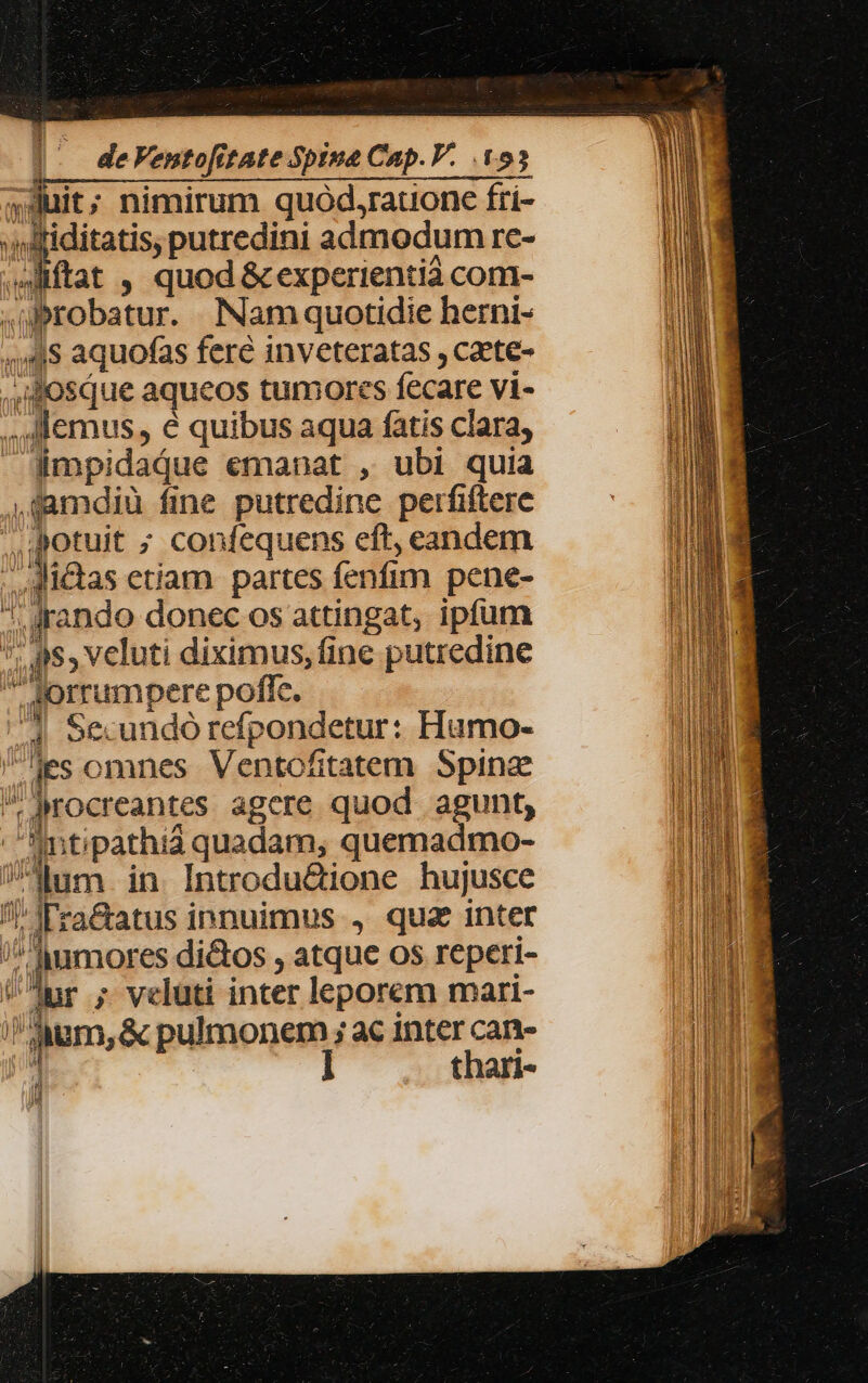 sduit; nimirum quód,ratonce fri- »»ftiditatis, putredini admodum .re- ditat , quod &amp; experientià com- ,übrobatur. Namquotidie herni- uU 9 aquofas fere inveteratas , caete- ,,osque aqueos tumores fecare vi- emus, € quibus aqua fatis clara, - dimpidaqQue emanat , ubi quia ,damdiu fine putredine perfifterc potuit ; confequens eft, eandem i m scr etiam partes fenfim pene- ;. rando donec os attingat, ipfum ls veluti diximus, fine putredine  qorrumpere poflc. 4 oe.undó refpondetur: Humo- es omnes Ventofitatem Spina PMOocreantes agere quod agunt, .Antipathià quadam, quemadmo- Num. in Introdu&amp;ione hujusce JW'ra&amp;atus innuimus , qua inter (queens di&amp;os , atque os reperi- ^r ; veluti inter leporem mari- qum, &amp; pulmonem ; ac inter can-