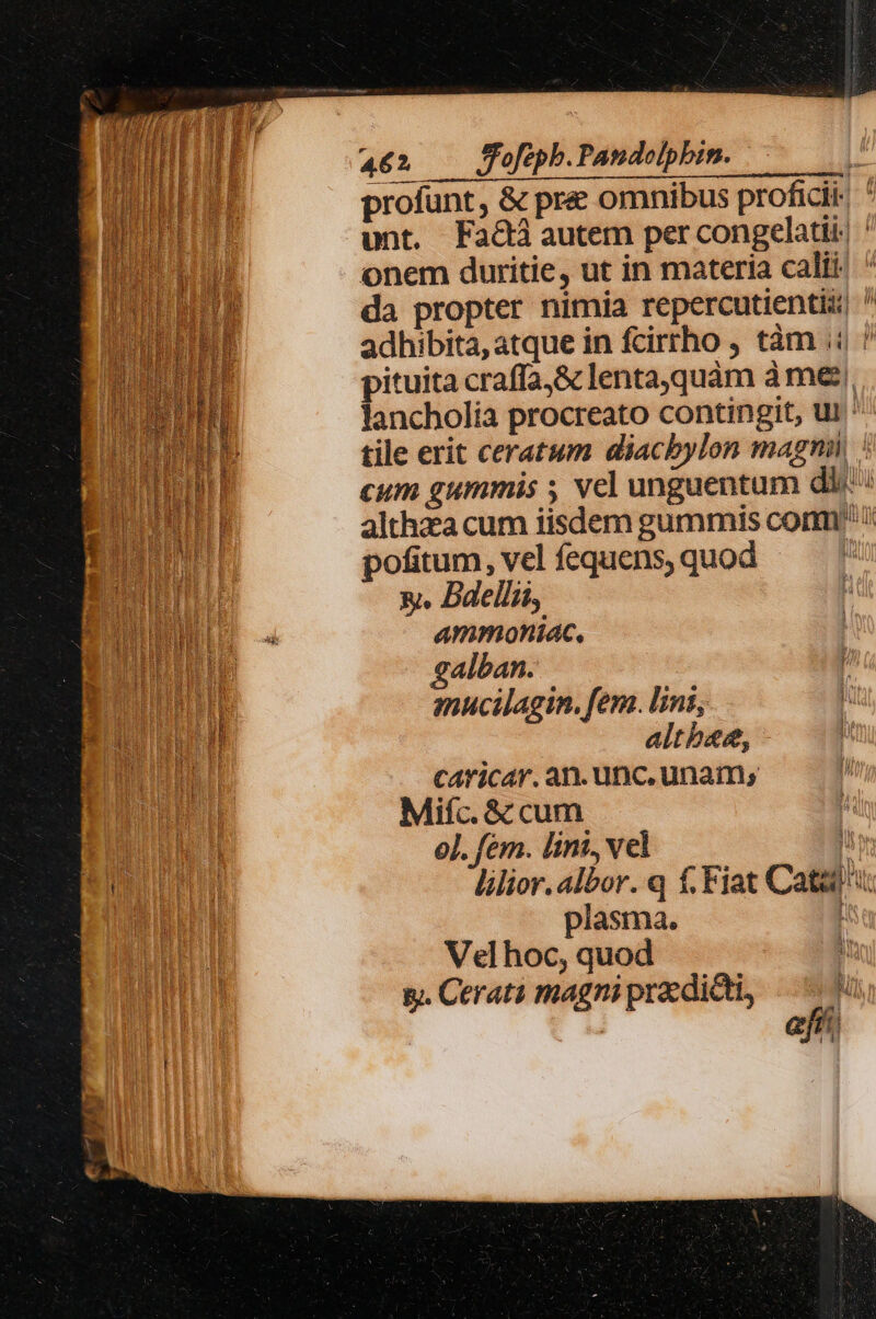 4€ Jofepb. Pap dolpbim. profunt, &amp; pre omnibus proficit: unt. Fa&amp;áautem per congelatii, ' onem duritie, ut in materia calli. ' da propter nimia repercutientiu ^ adhibita, atque in fcirrho tàm ;i : pituita craffa,&amp; lenta.quàm à m&amp;| lancholia procreato contingit, ui ' tile erit ceratum diacbylon magni cum gummis ; vel unguentum dir: 2 75 althzea cum iisdem gummis commi - tb hs dun pofitum, vel fequens, quod - IBI &amp;. Ddellit,  ammohiac, TUS galban. HP mucilagin. fem. lins, Eu gu altbes, i | caricar. an. unc. unam; Hu Mifc. &amp; cum quu oj. fem. lint, vel i uM lilior.albor. q f, Fiat Catal 31 plasma. H Vel hoc, quod p. Cerat magni praedicti, ahi: a